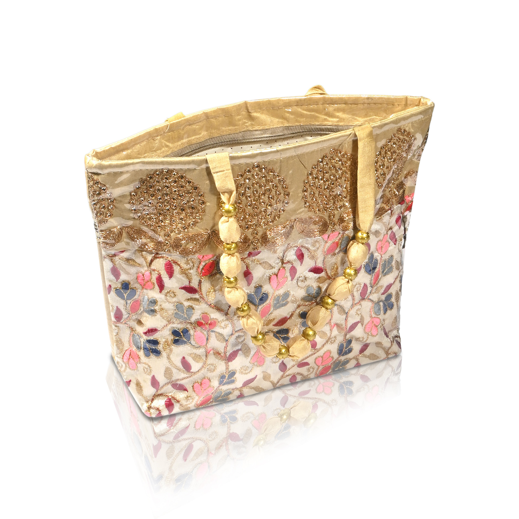 Kuber Industries PVC Laminated Hand Bag for Woman  Girls with Zip  Lightweight  Compact Gifting Ladies Purse for Party Wedding  Events  Embroidery Design - Cream