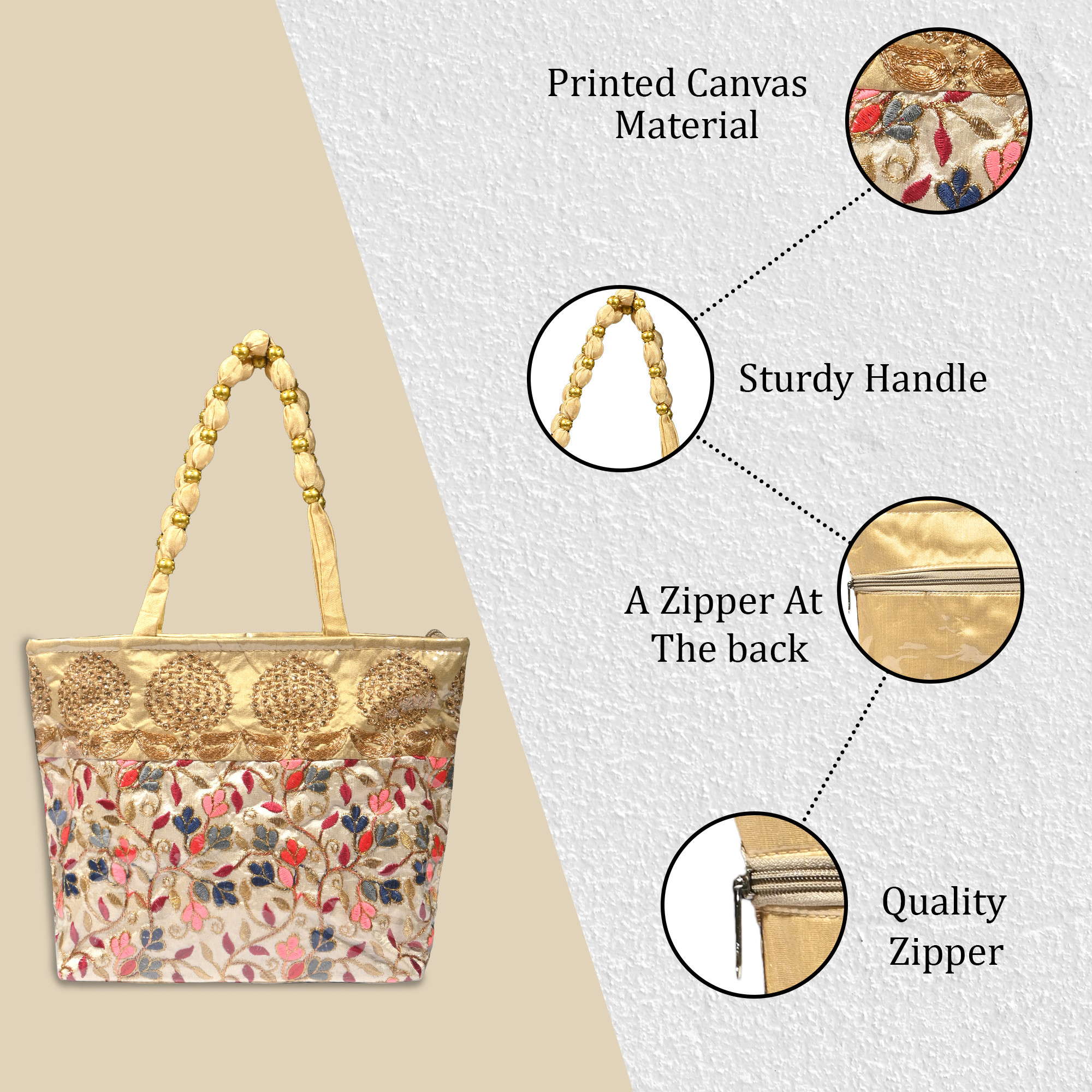 Kuber Industries PVC Laminated Hand Bag for Woman  Girls with Zip  Lightweight  Compact Gifting Ladies Purse for Party Wedding  Events  Embroidery Design - Cream