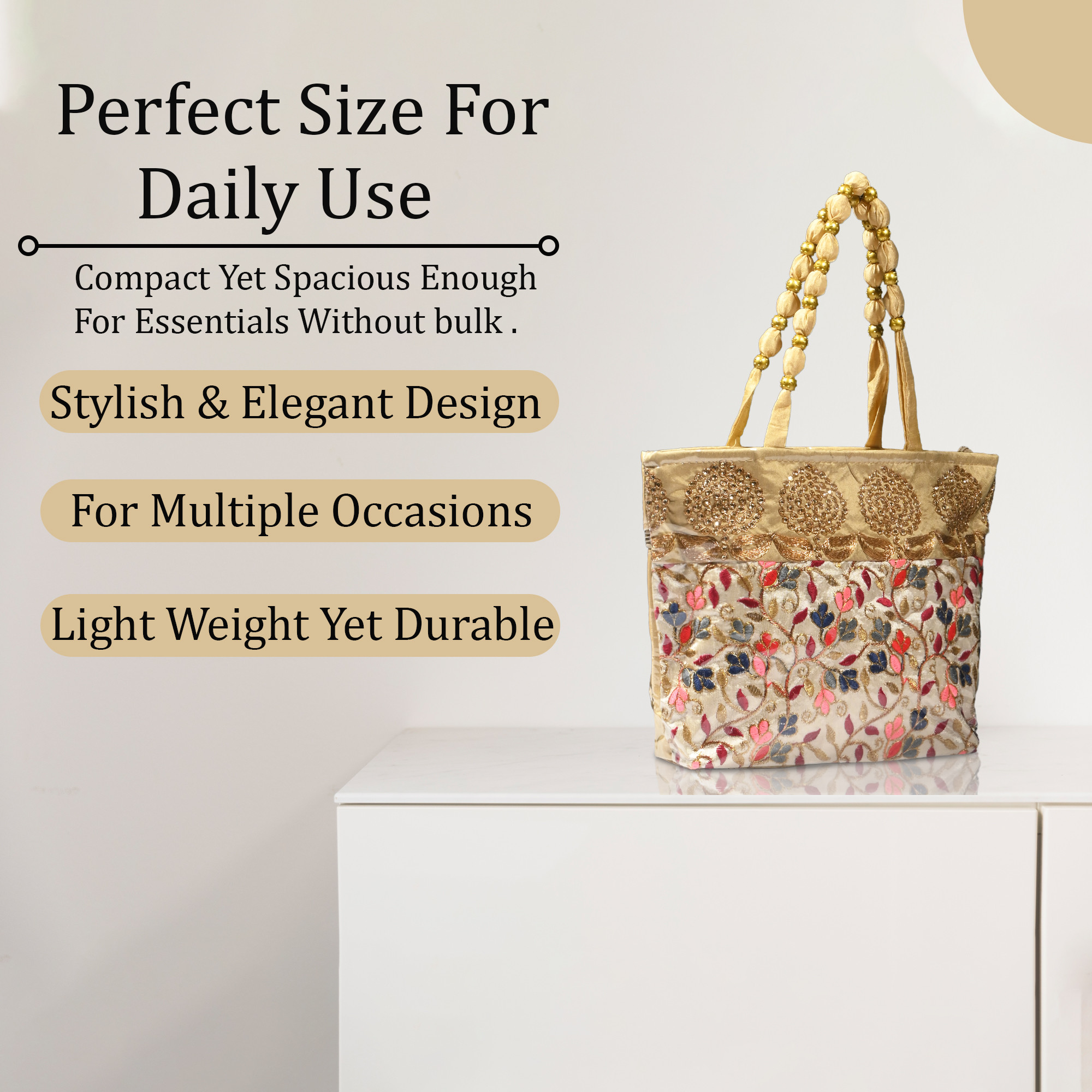 Kuber Industries PVC Laminated Hand Bag for Woman  Girls with Zip  Lightweight  Compact Gifting Ladies Purse for Party Wedding  Events  Embroidery Design - Cream