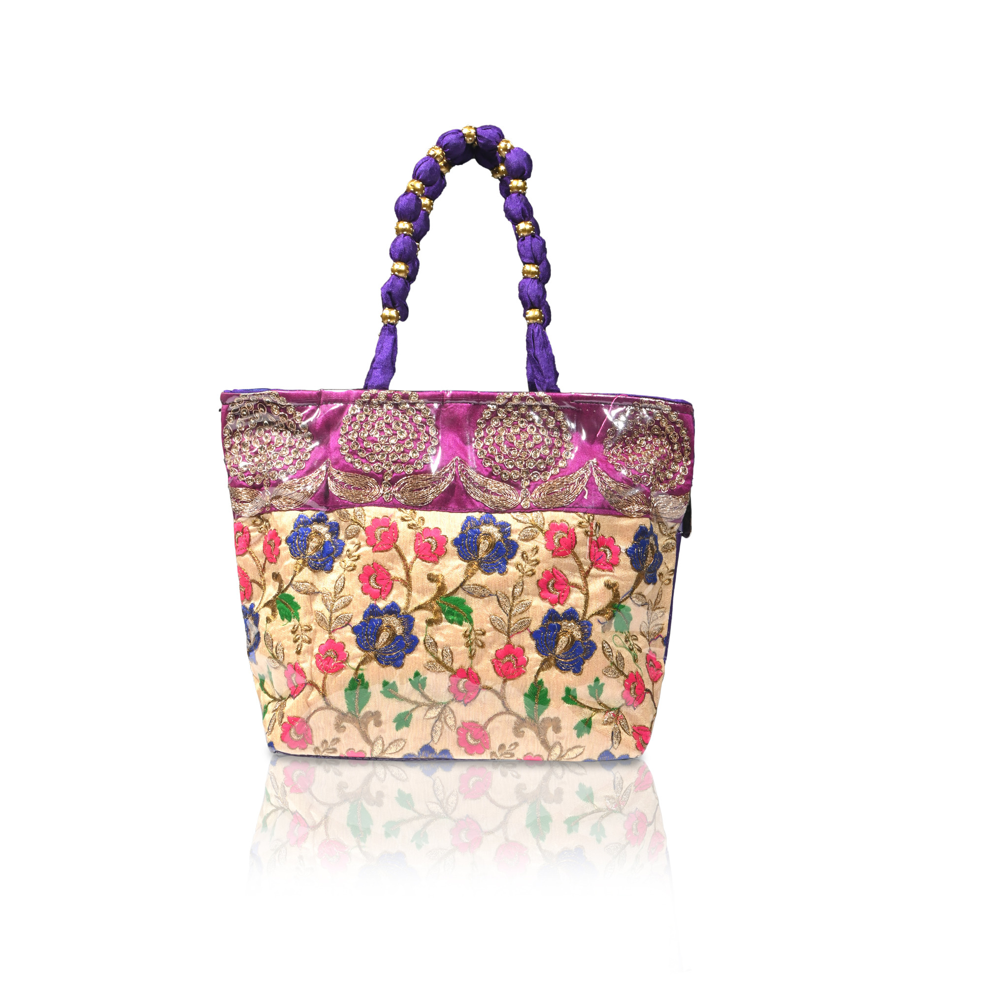 Kuber Industries PVC Laminated Hand Bag for Woman  Girls with Zip  Lightweight  Compact Gifting Ladies Purse for Party Wedding  Events  Embroidery Design - Purple