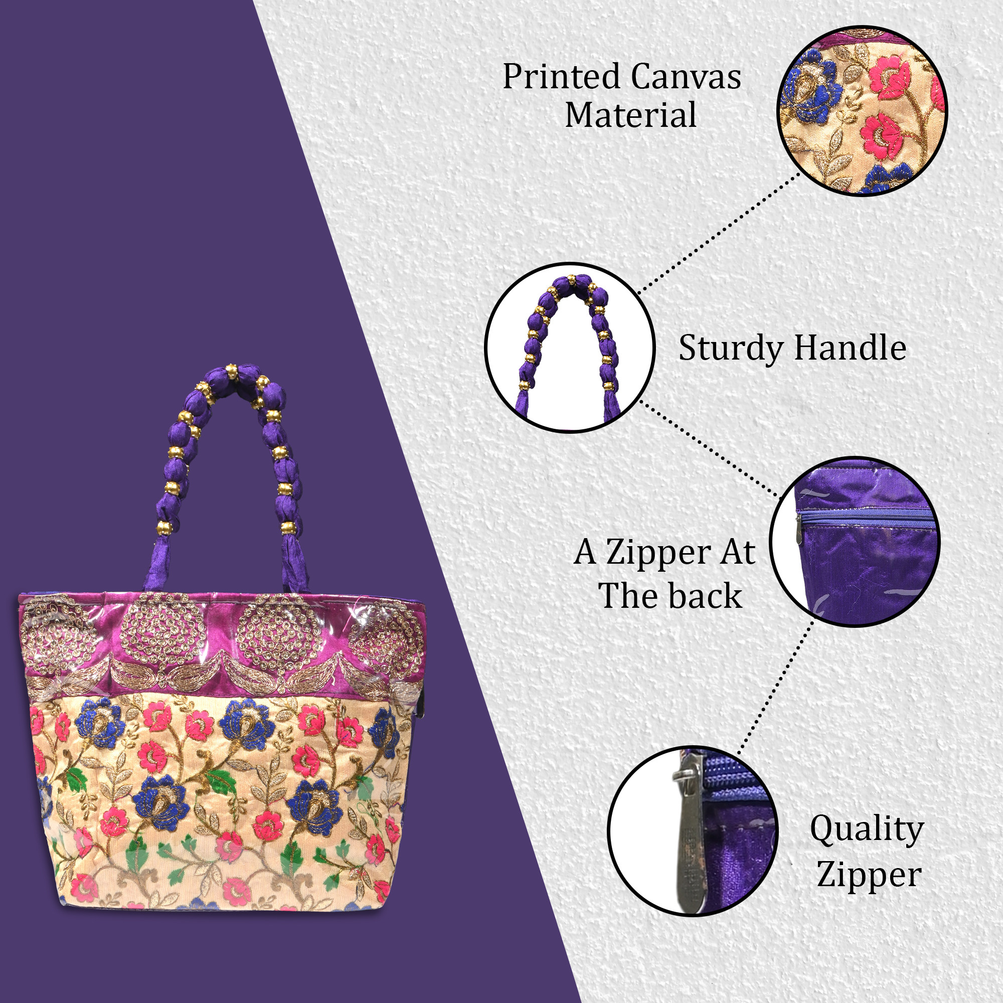 Kuber Industries PVC Laminated Hand Bag for Woman  Girls with Zip  Lightweight  Compact Gifting Ladies Purse for Party Wedding  Events  Embroidery Design - Purple