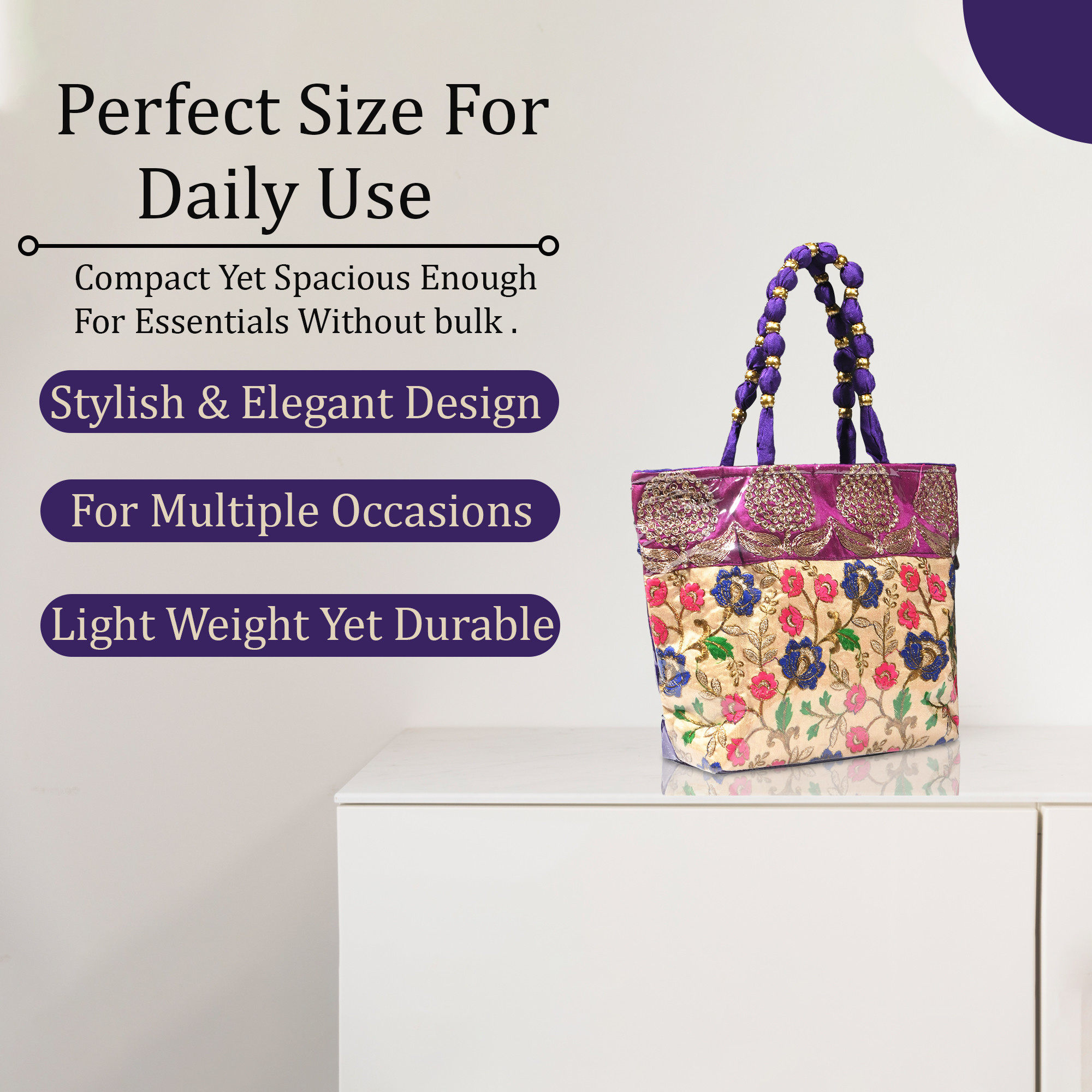 Kuber Industries PVC Laminated Hand Bag for Woman  Girls with Zip  Lightweight  Compact Gifting Ladies Purse for Party Wedding  Events  Embroidery Design - Purple