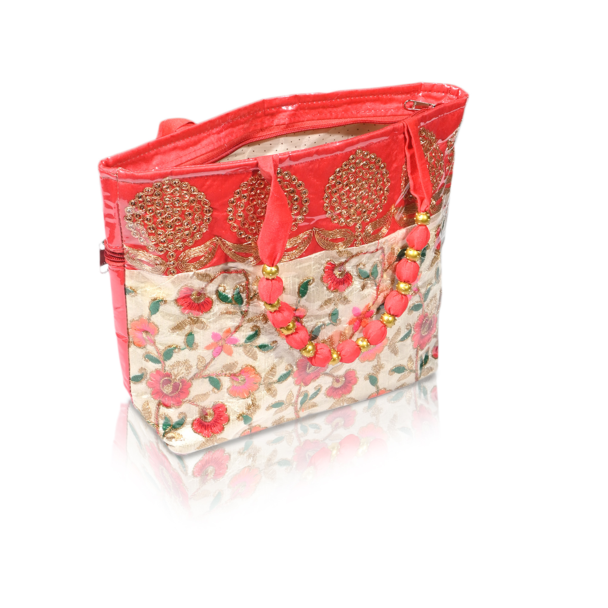 Kuber Industries PVC Laminated Hand Bag for Woman  Girls with Zip  Lightweight  Compact Gifting Ladies Purse for Party Wedding  Events  Embroidery Design - Red