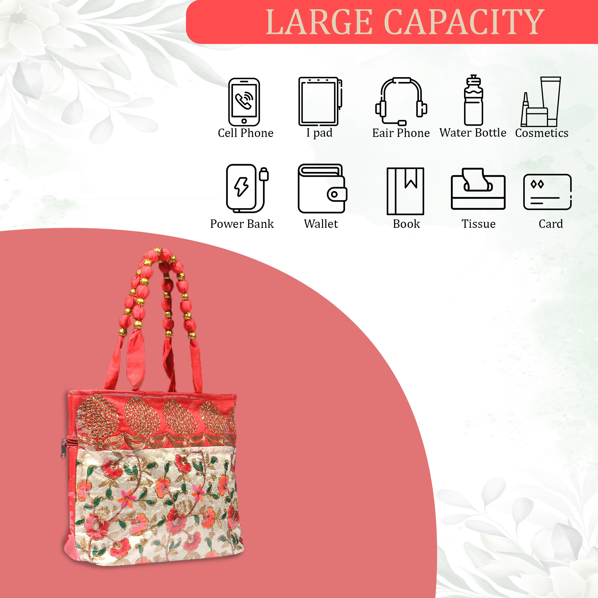 Kuber Industries PVC Laminated Hand Bag for Woman  Girls with Zip  Lightweight  Compact Gifting Ladies Purse for Party Wedding  Events  Embroidery Design - Red