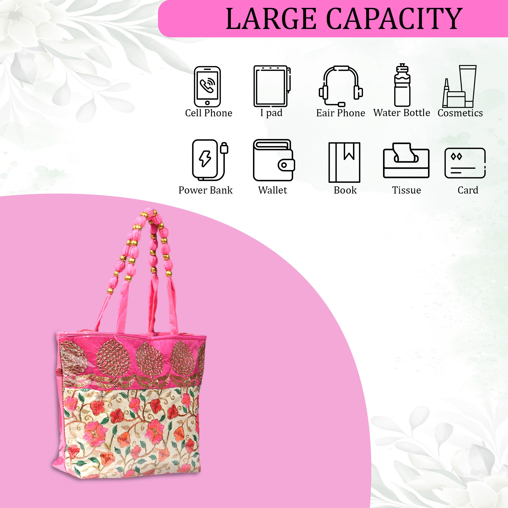 Kuber Industries PVC Laminated Hand Bag for Woman  Girls with Zip  Lightweight  Compact Gifting Ladies Purse for Party Wedding  Events  Embroidery Design - Pink
