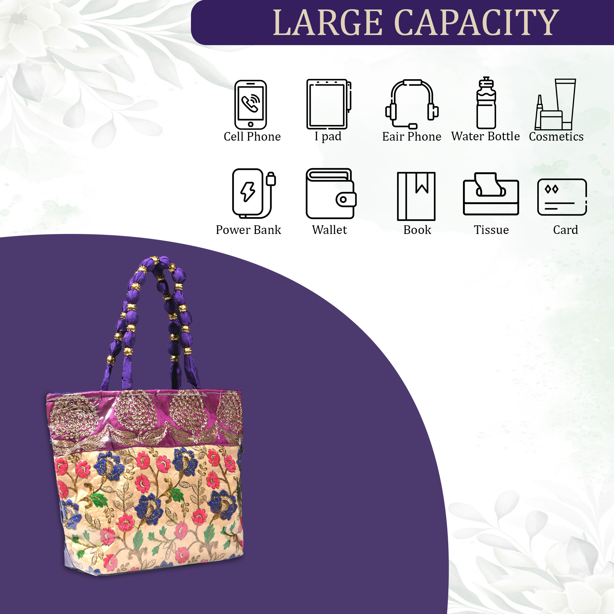 Kuber Industries PVC Laminated Hand Bag for Woman  Girls with Zip  Lightweight  Compact Gifting Ladies Purse for Party Wedding  Events  Embroidery Design - Purple