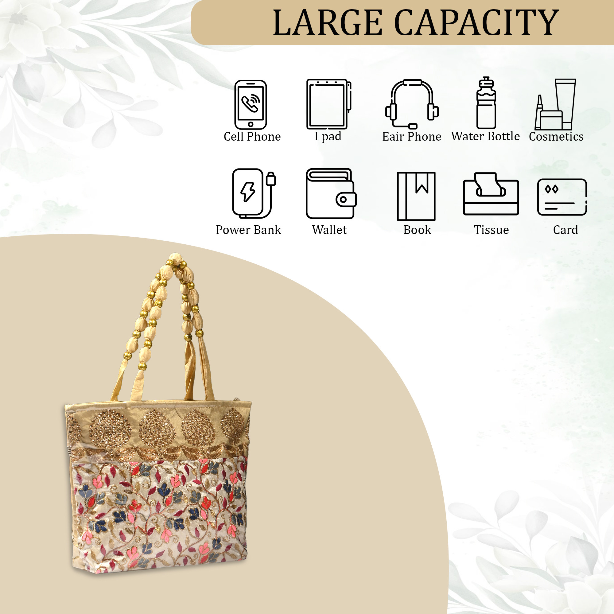 Kuber Industries PVC Laminated Hand Bag for Woman  Girls with Zip  Lightweight  Compact Gifting Ladies Purse for Party Wedding  Events  Embroidery Design - Cream