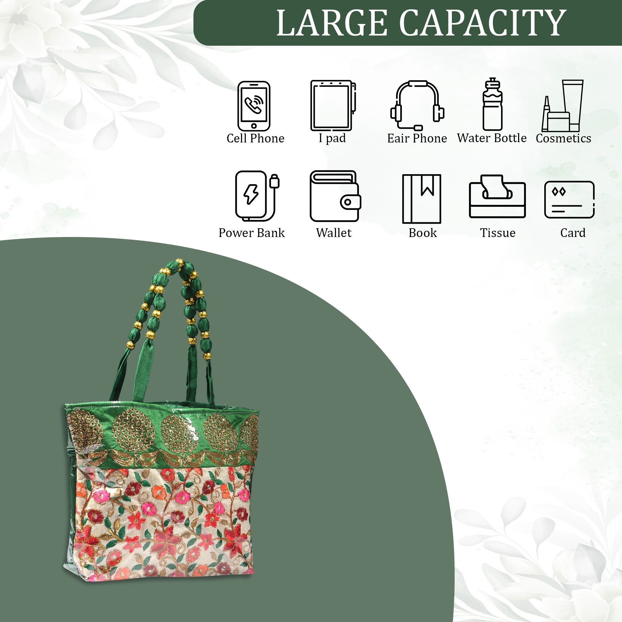 Kuber Industries PVC Laminated Hand Bag for Woman  Girls with Zip  Lightweight  Compact Gifting Ladies Purse for Party Wedding  Events  Embroidery Design - Green