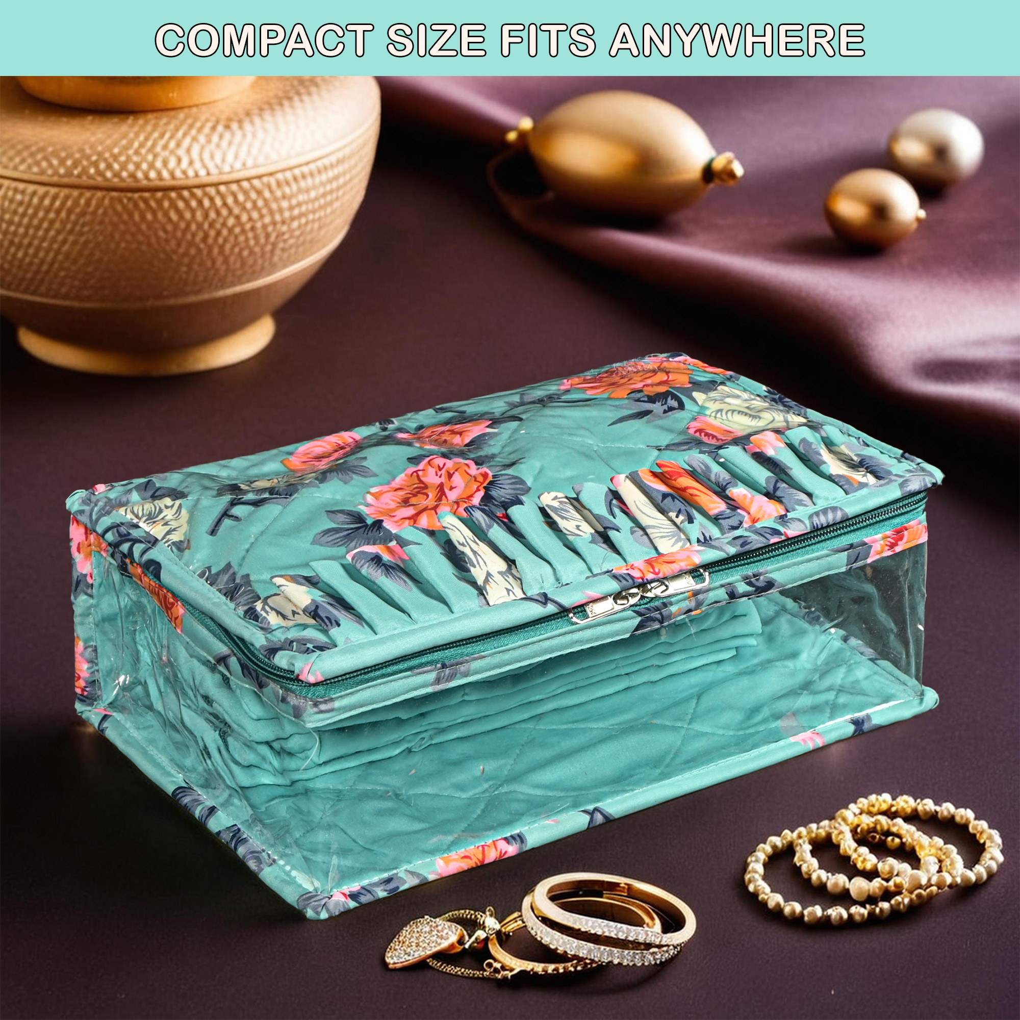 Kuber Industries PVC Laminated Jewellery Organisers Pouch for Women With 13 Compartment  Compact and Lightweight Jewellery Kit for Necklace  Rings  Flower Print - Green