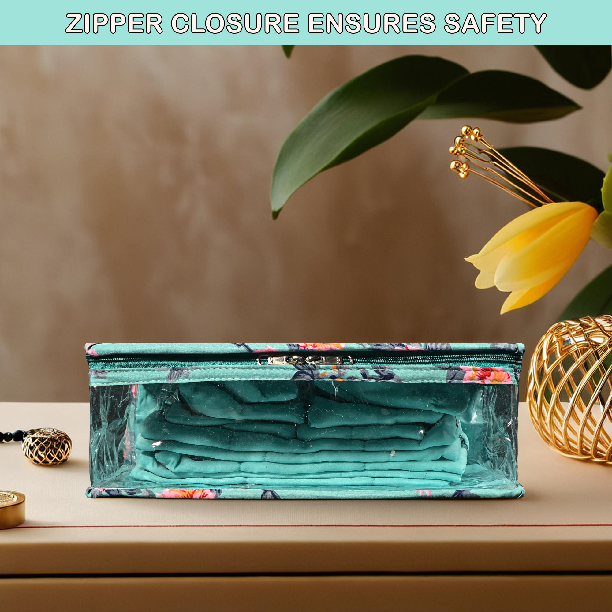 Kuber Industries PVC Laminated Jewellery Organisers Pouch for Women With 13 Compartment  Compact and Lightweight Jewellery Kit for Necklace  Rings  Flower Print - Green