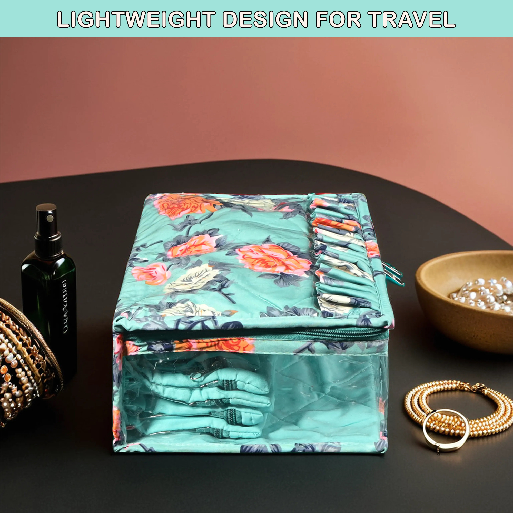 Kuber Industries PVC Laminated Jewellery Organisers Pouch for Women With 13 Compartment  Compact and Lightweight Jewellery Kit for Necklace  Rings  Flower Print - Green