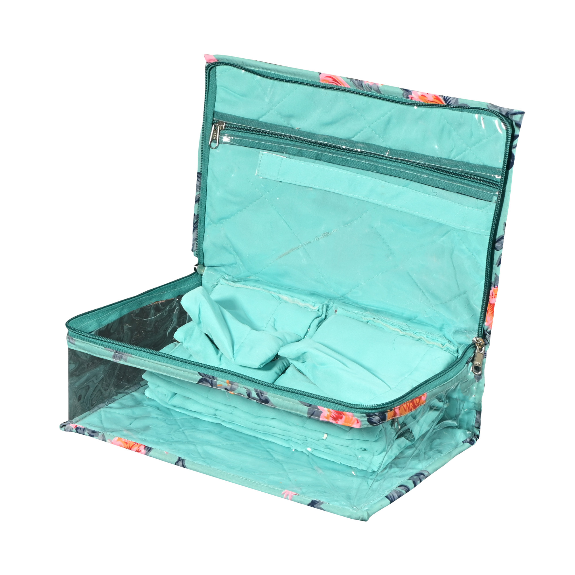 Kuber Industries PVC Laminated Jewellery Organisers Pouch for Women With 13 Compartment  Compact and Lightweight Jewellery Kit for Necklace  Rings  Flower Print - Green