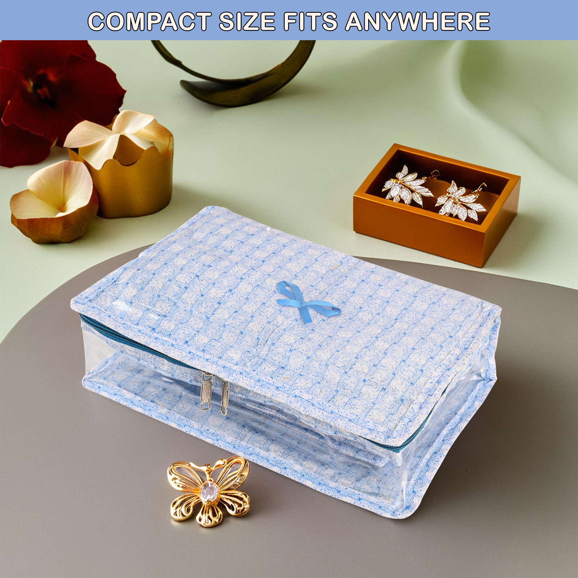 Kuber Industries PVC Laminated Jewellery Organisers Pouch for Women With 13 Compartment  Lightweight Jewellery Kit for Necklace Earring  Rings  Check Print - Blue