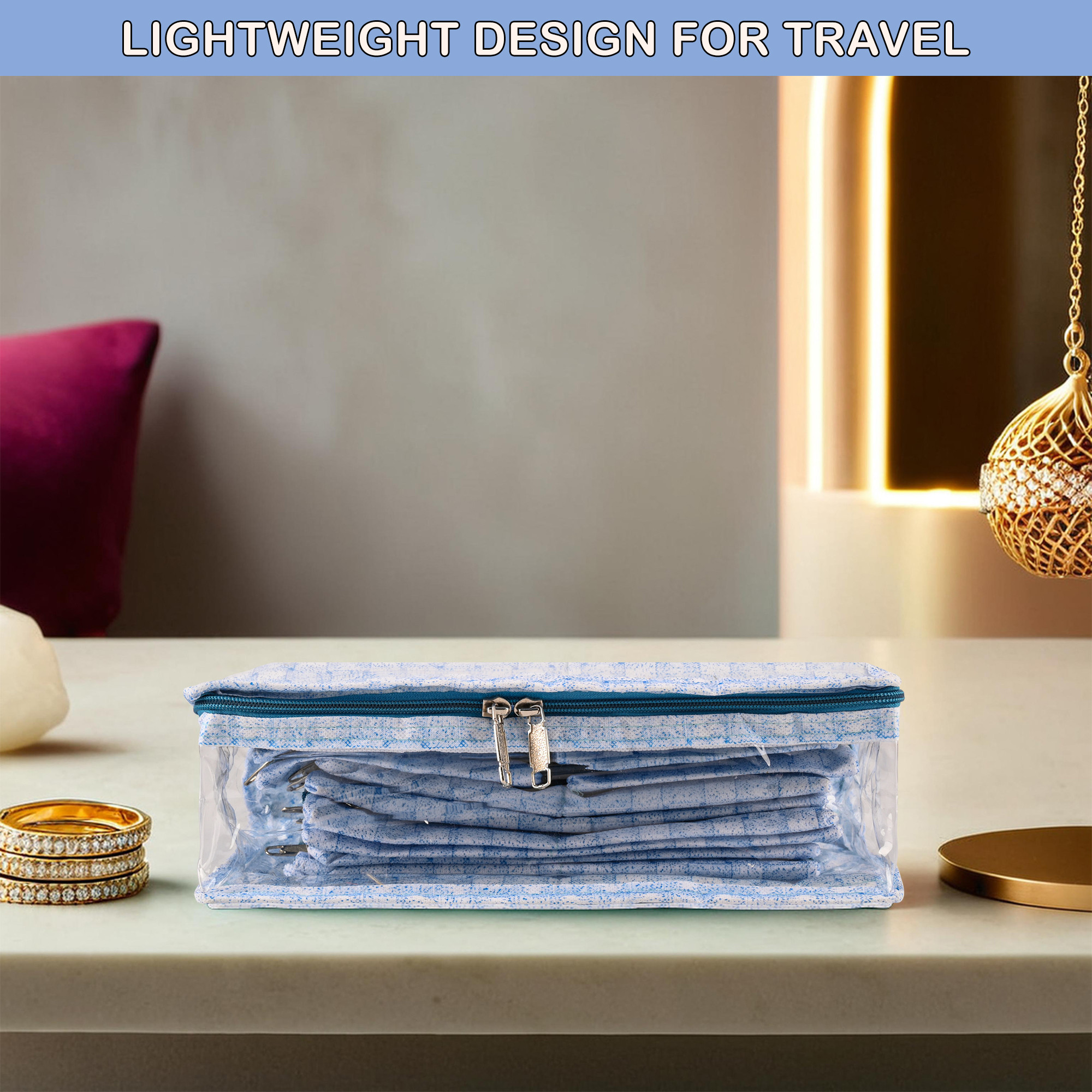 Kuber Industries PVC Laminated Jewellery Organisers Pouch for Women With 13 Compartment  Lightweight Jewellery Kit for Necklace Earring  Rings  Check Print - Blue