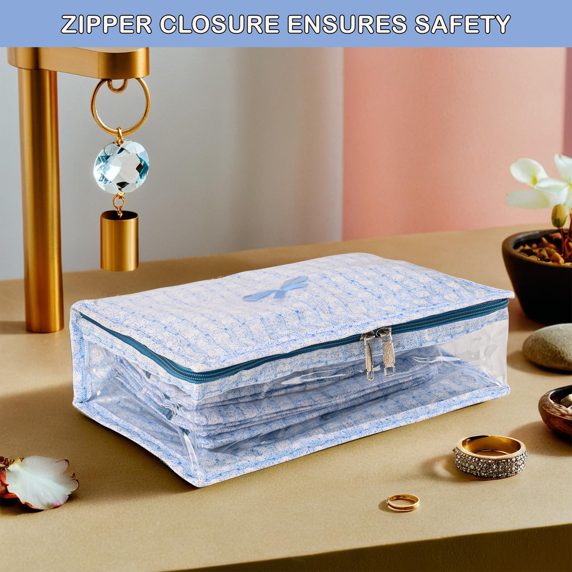 Kuber Industries PVC Laminated Jewellery Organisers Pouch for Women With 13 Compartment  Lightweight Jewellery Kit for Necklace Earring  Rings  Check Print - Blue