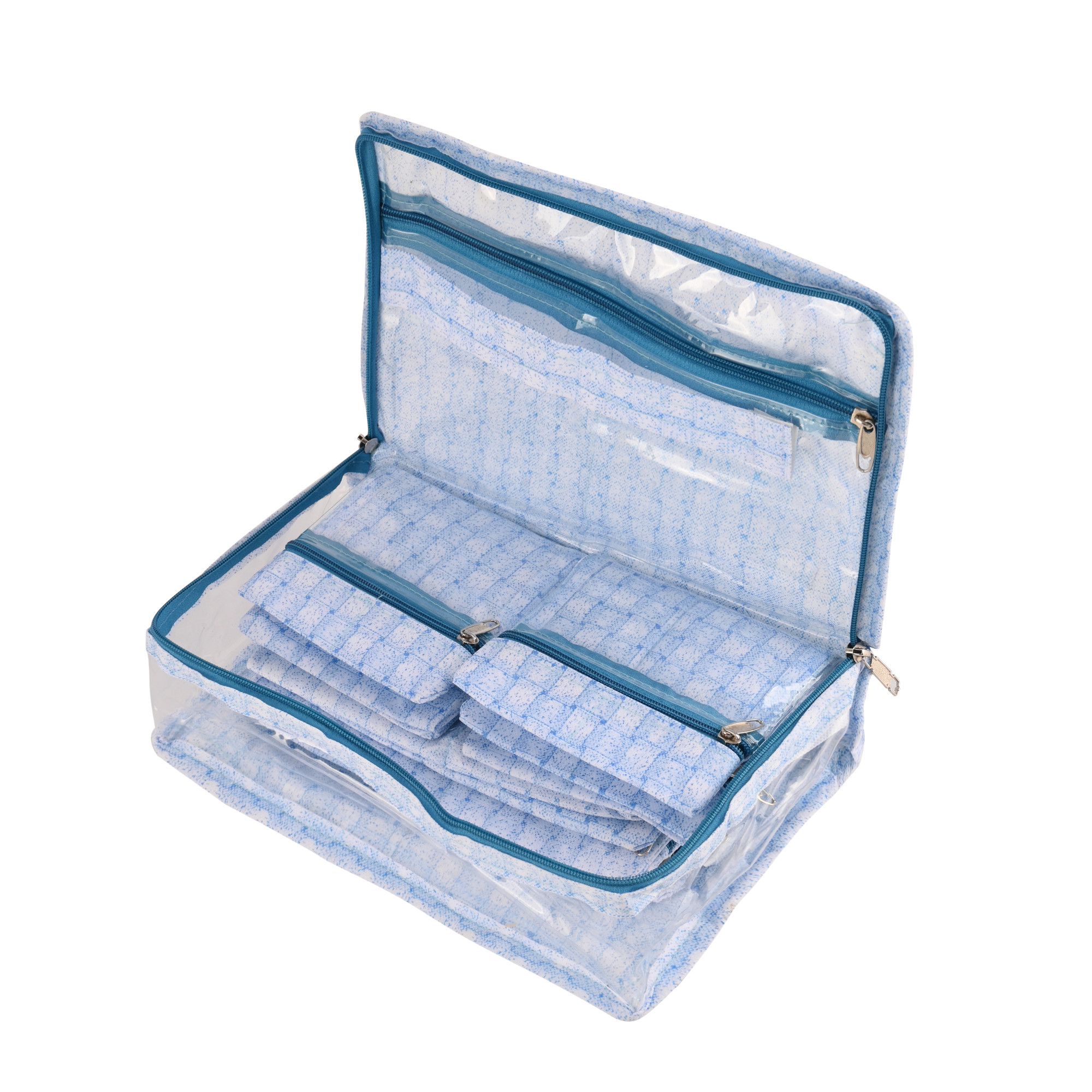 Kuber Industries PVC Laminated Jewellery Organisers Pouch for Women With 13 Compartment  Lightweight Jewellery Kit for Necklace Earring  Rings  Check Print - Blue