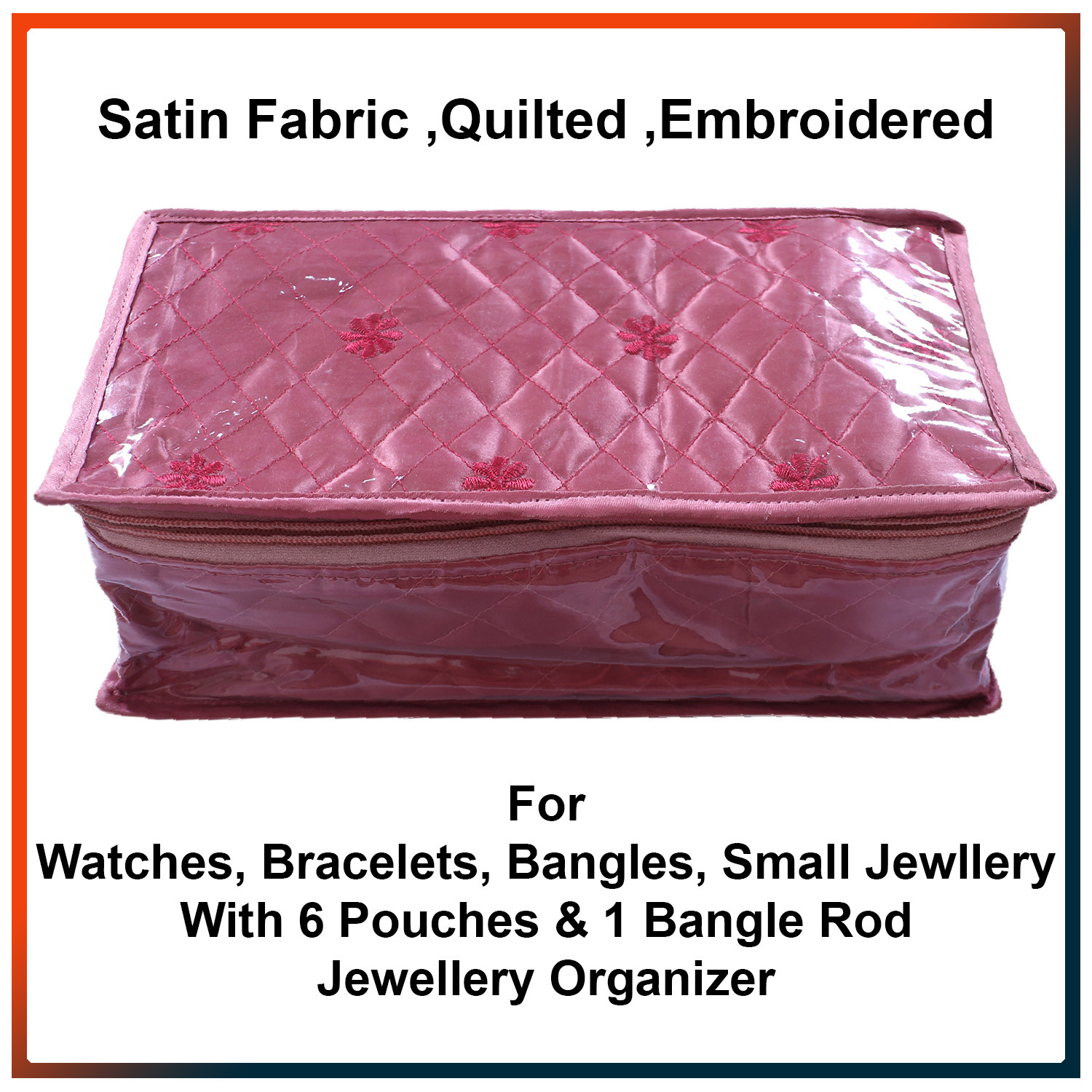 Kuber Industries PVC Laminated Jewellery Organizer For Watches, Bracelets, Bangles, Small Jewllery With 6 Pouches & 1 Bangle Rod (Pink)