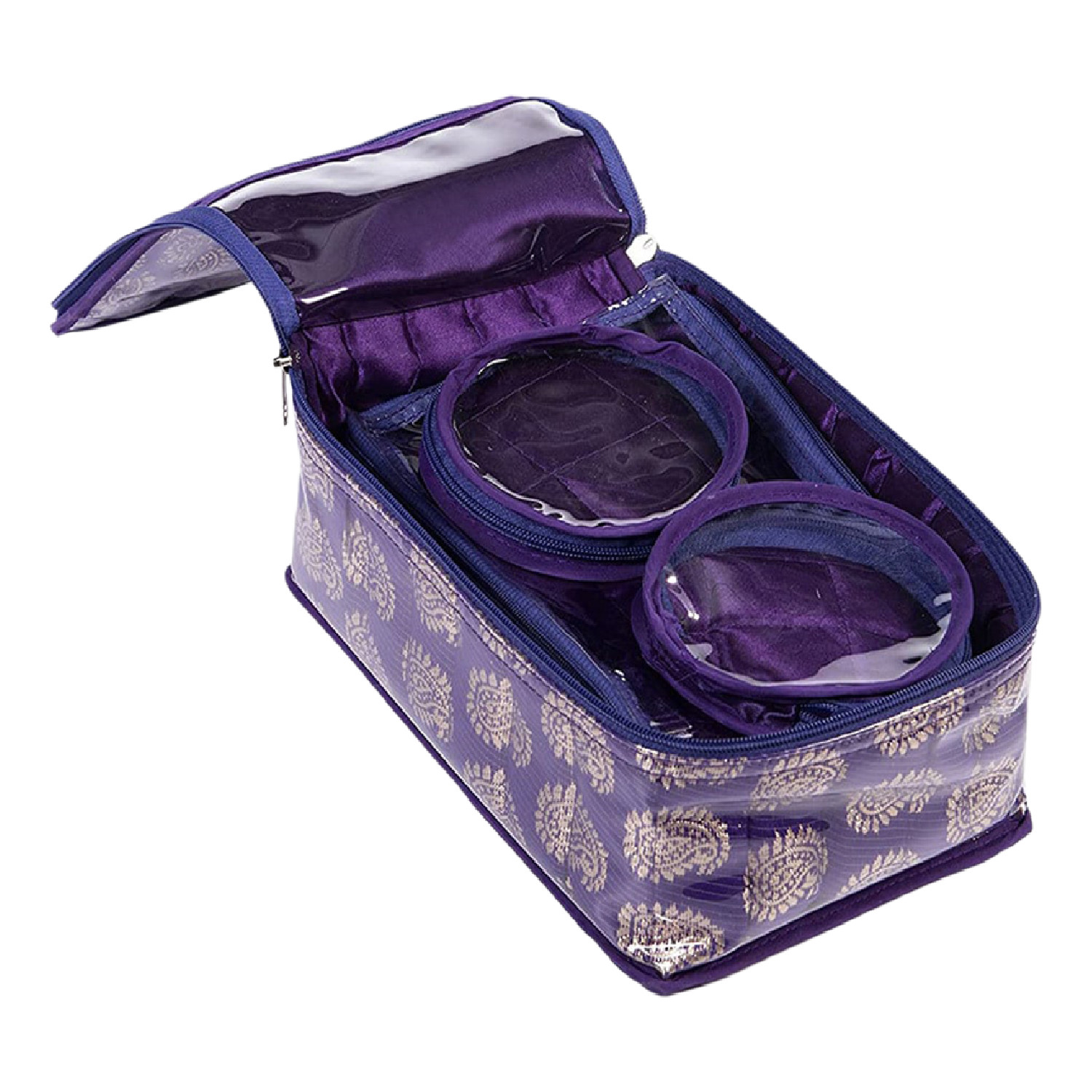 Kuber Industries PVC Laminated Jewellery Organizer|Carry Print Travel Cosmetic Bag |Accessories Organizer for Small Jewellery & 8 Transparent Pouches (Purple)