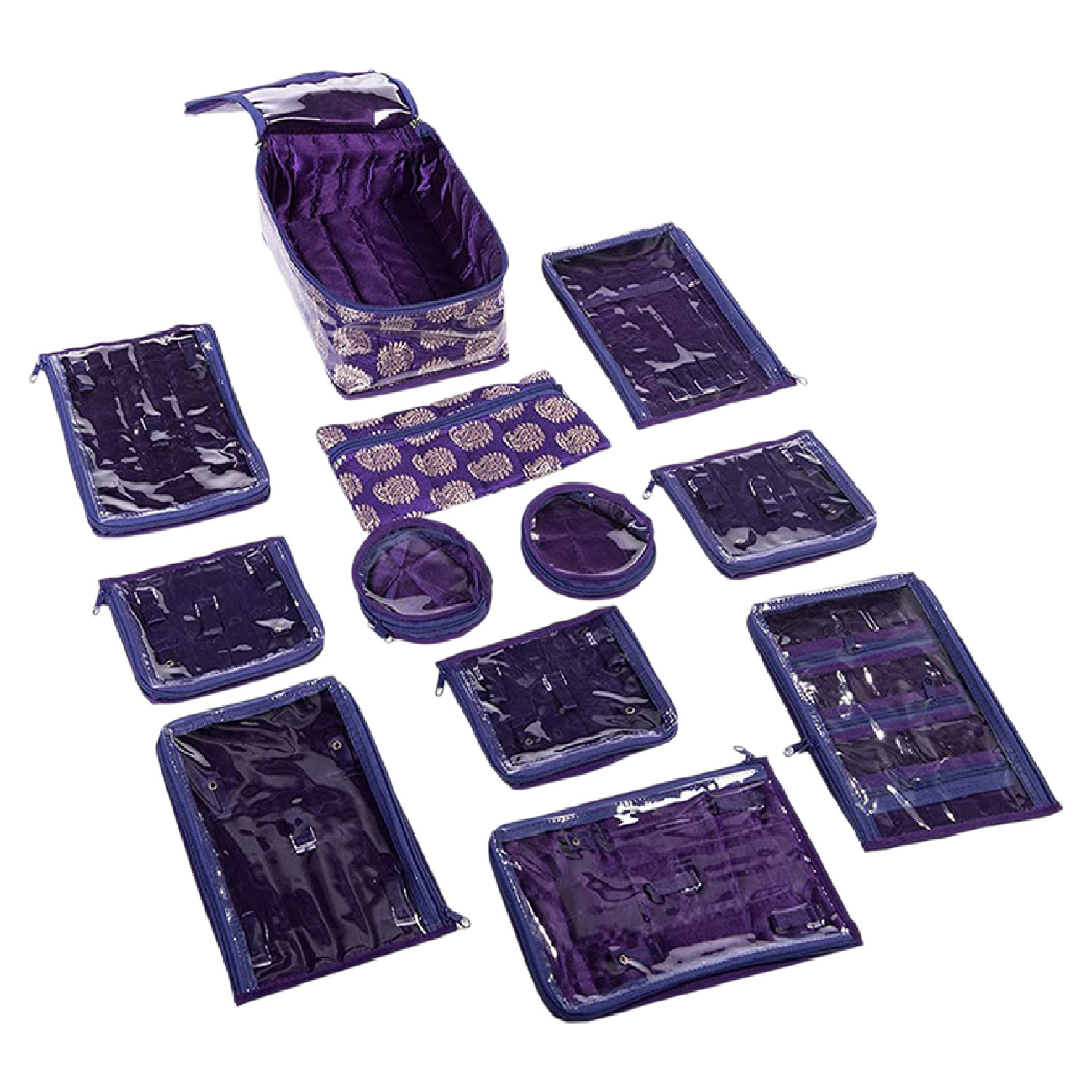 Kuber Industries PVC Laminated Jewellery Organizer|Carry Print Travel Cosmetic Bag |Accessories Organizer for Small Jewellery & 8 Transparent Pouches (Purple)
