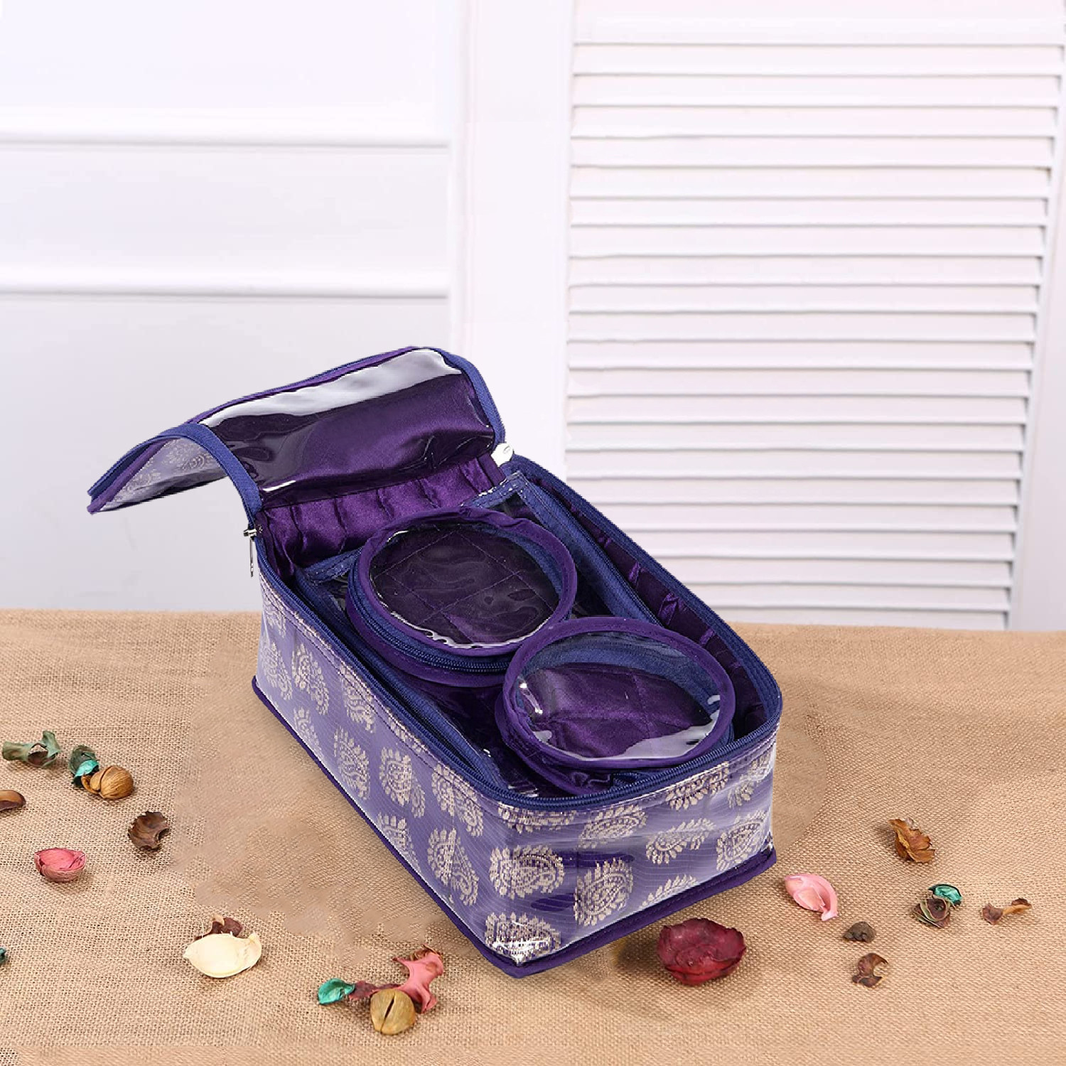 Kuber Industries PVC Laminated Jewellery Organizer|Carry Print Travel Cosmetic Bag |Accessories Organizer for Small Jewellery & 8 Transparent Pouches (Purple)