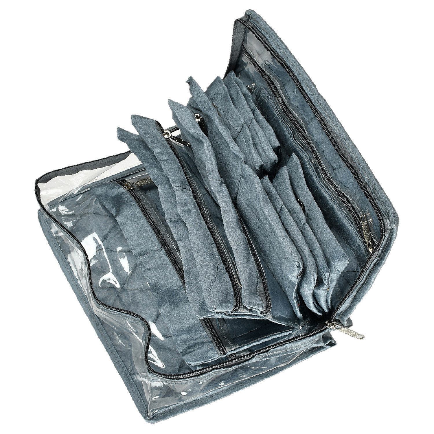 Kuber Industries PVC Laminated Jewellery Organizer|Jewellery Storage Pouch With 13 Transparent Pouches For Home & Traveling (Gray)