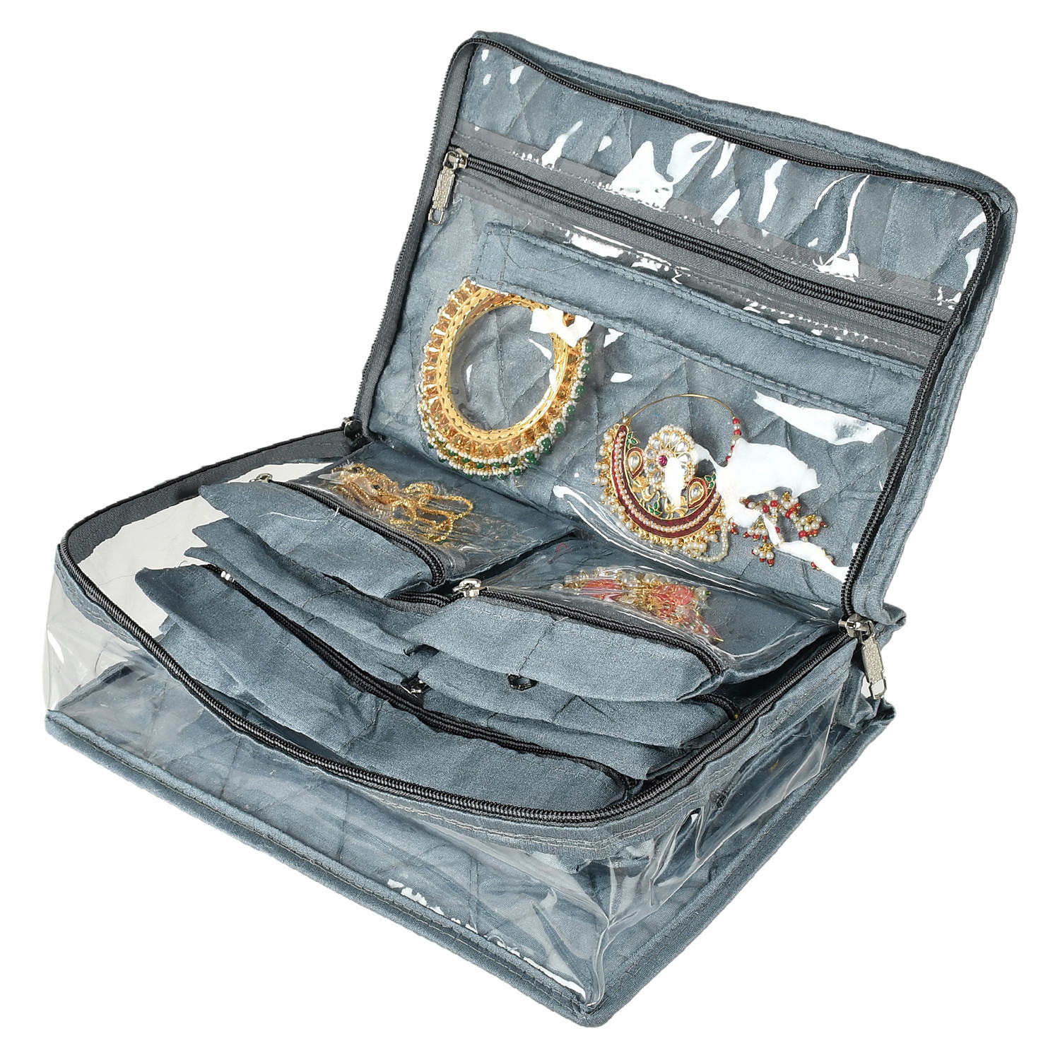 Kuber Industries PVC Laminated Jewellery Organizer|Jewellery Storage Pouch With 13 Transparent Pouches For Home & Traveling (Gray)
