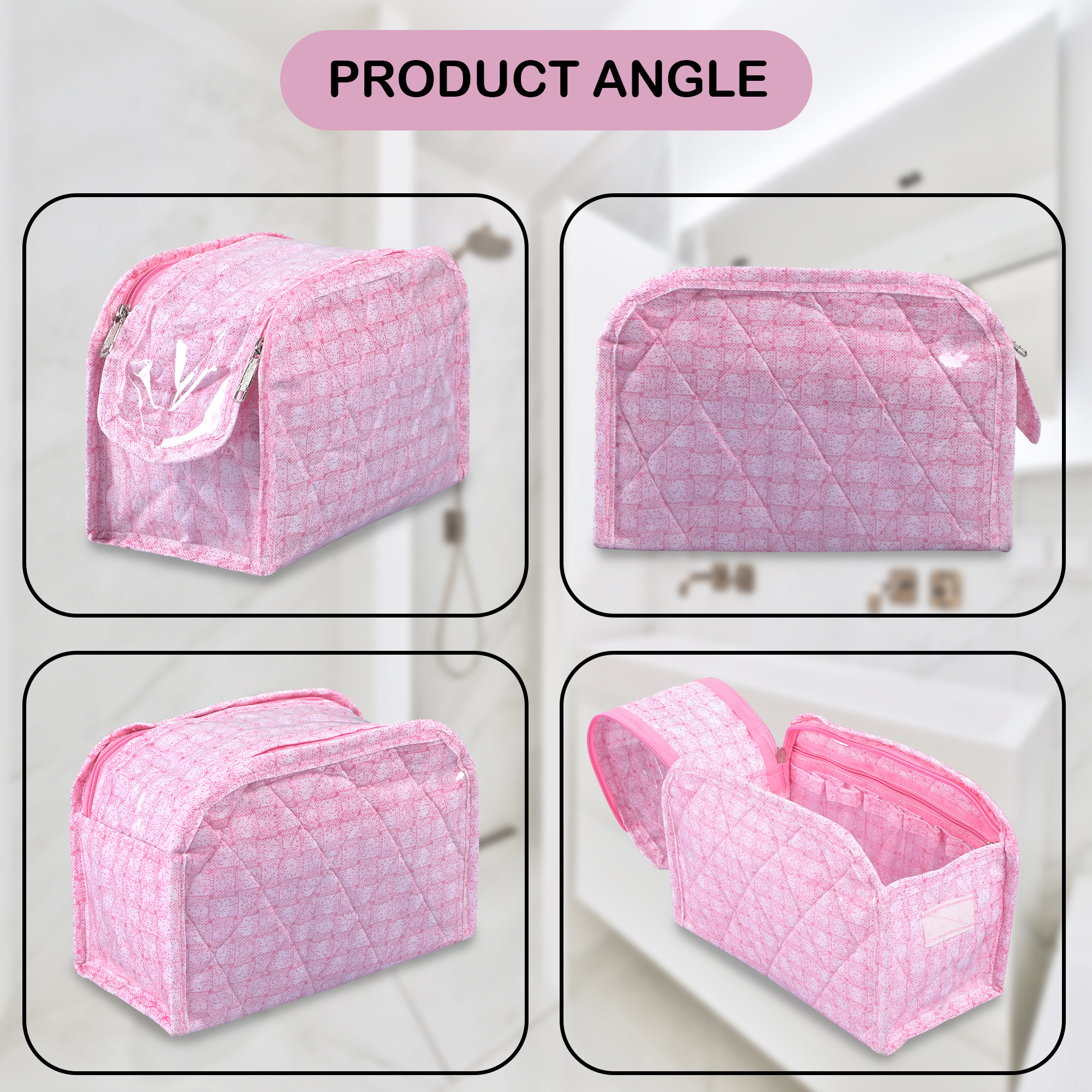 Kuber Industries PVC Laminated Jewellery Pouches for Storage Necklace  Bangles with Zip  Jewellery Kit  Bag  Organiser for Women  Check D Shape Print - Pink