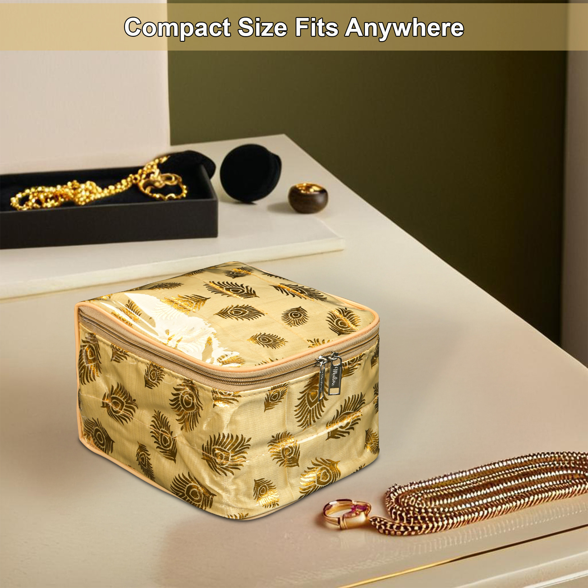 Kuber Industries PVC Laminated Jewellery Pouches for Storage with 10 Transparent Pouches  Jewellery Kit  Bag  Organiser for Women  Mor Pankh Print - Golden