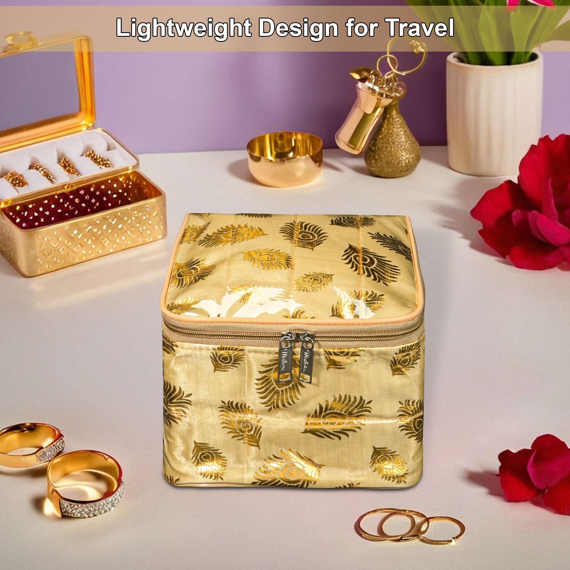 Kuber Industries PVC Laminated Jewellery Pouches for Storage with 10 Transparent Pouches  Jewellery Kit  Bag  Organiser for Women  Mor Pankh Print - Golden