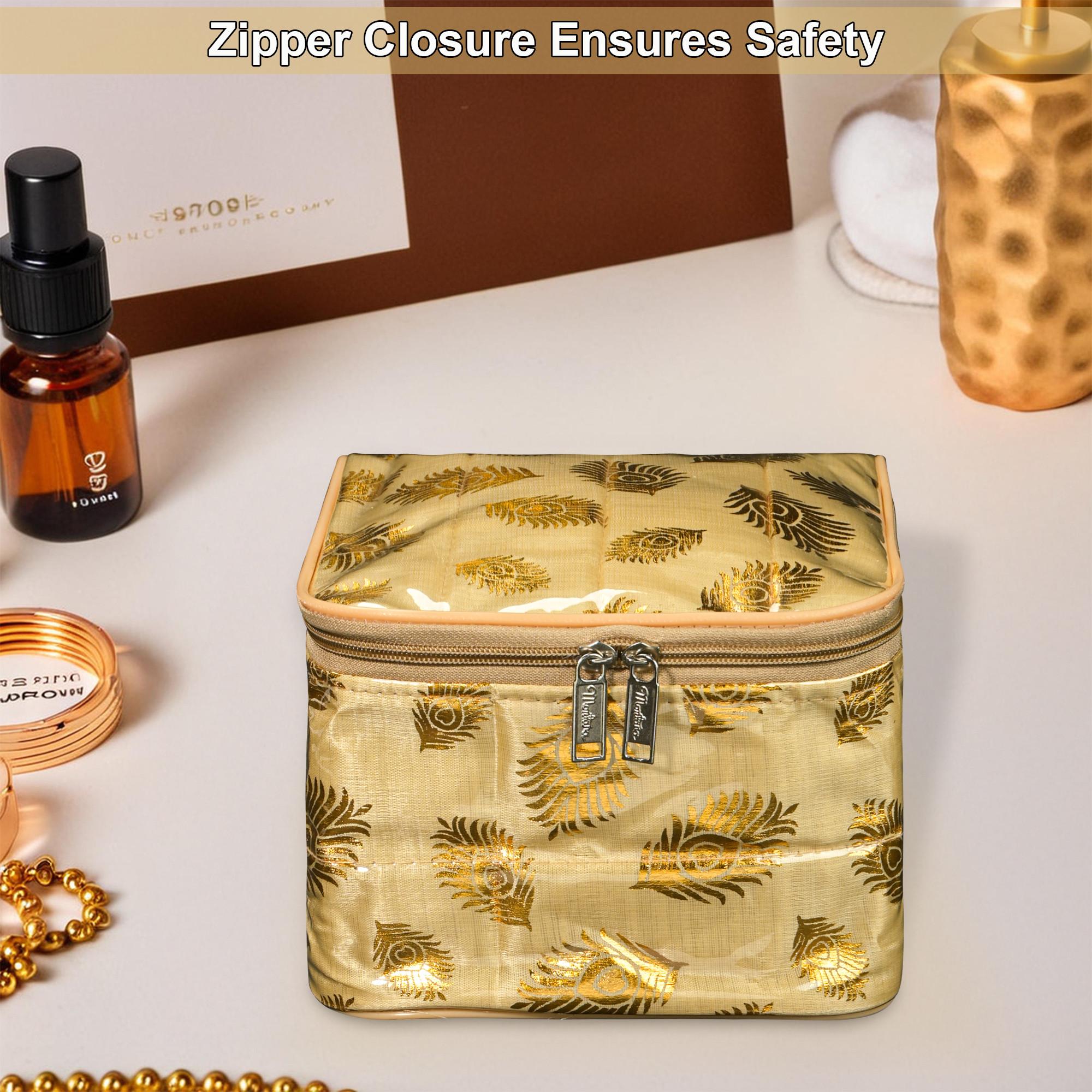 Kuber Industries PVC Laminated Jewellery Pouches for Storage with 10 Transparent Pouches  Jewellery Kit  Bag  Organiser for Women  Mor Pankh Print - Golden