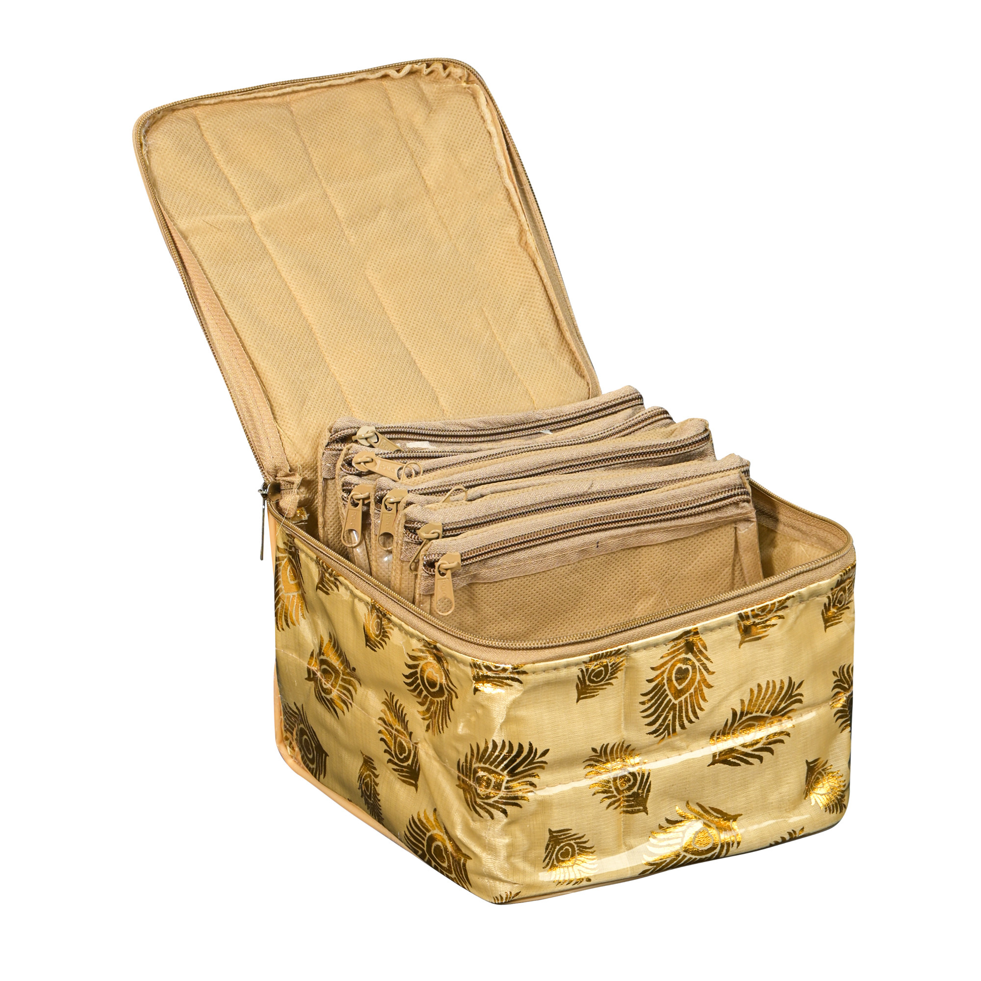 Kuber Industries PVC Laminated Jewellery Pouches for Storage with 10 Transparent Pouches  Jewellery Kit  Bag  Organiser for Women  Mor Pankh Print - Golden