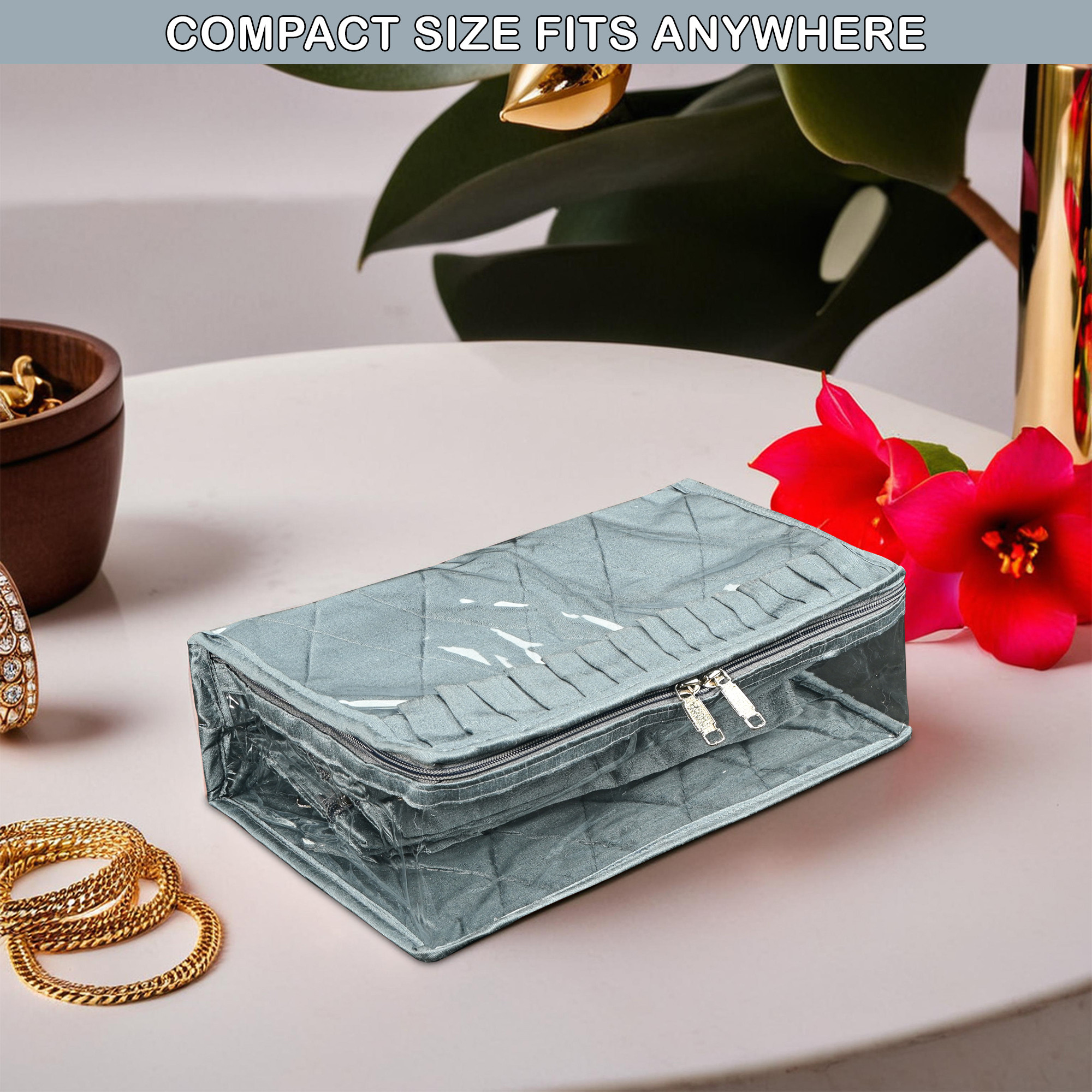 Kuber Industries PVC Laminated Jewellery Pouches for Storage with 13 Transparent Compartments  Jewellery Kit  Bag  Organiser for Women  Frill Design - Grey