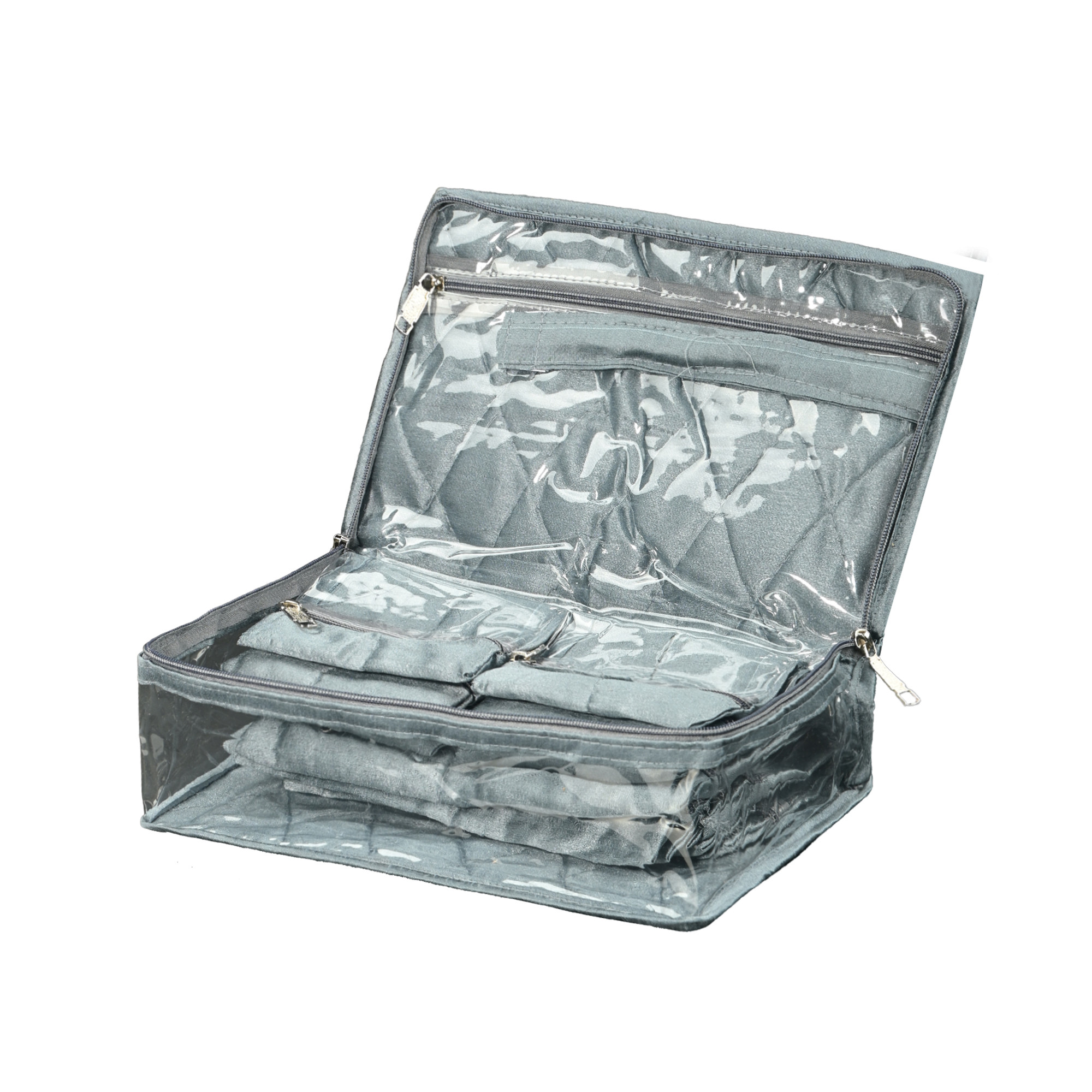 Kuber Industries PVC Laminated Jewellery Pouches for Storage with 13 Transparent Compartments  Jewellery Kit  Bag  Organiser for Women  Frill Design - Grey