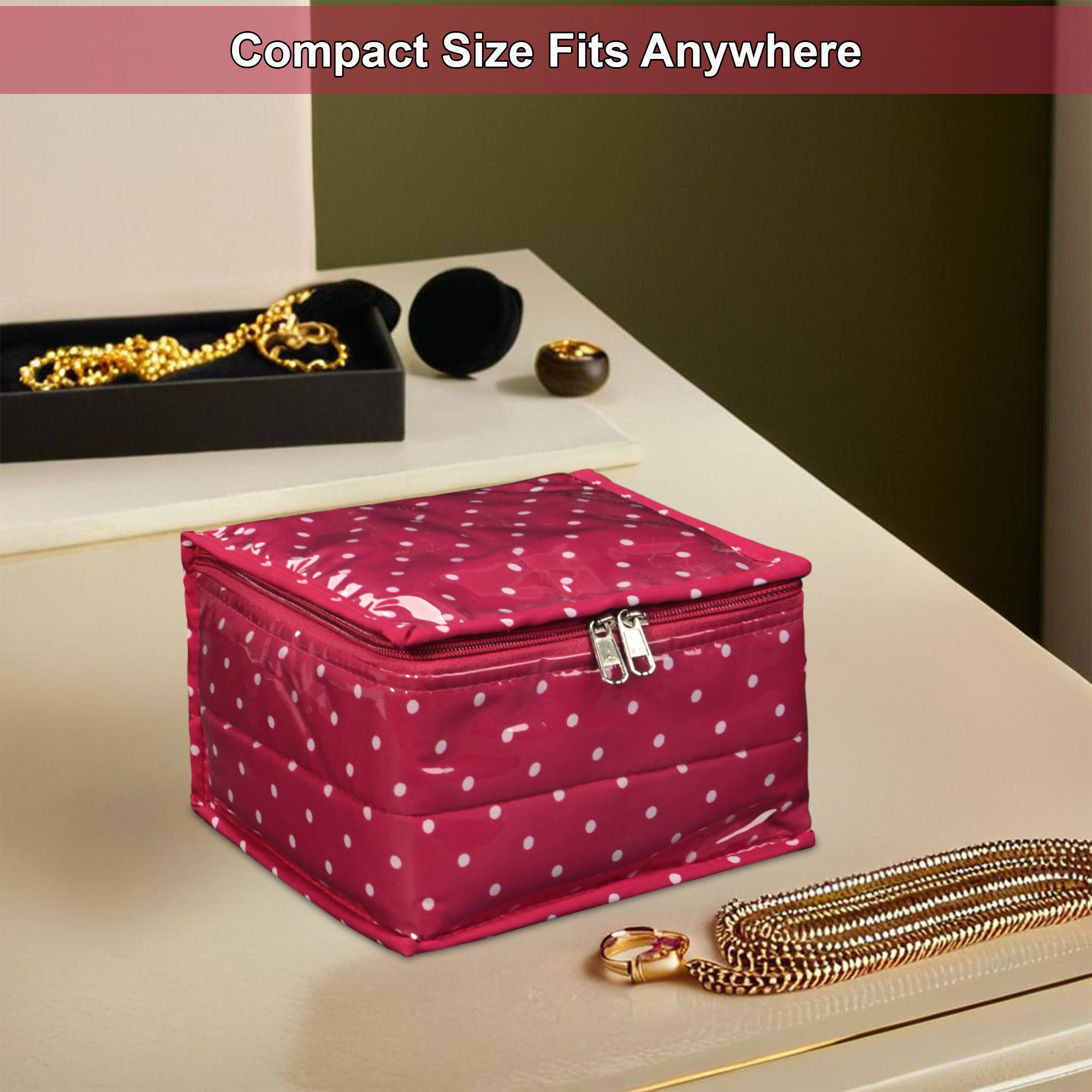 Kuber Industries PVC Laminated Small Jewellery Organisers Pouch for Women with 10 Compartment  Lightweight Jewellery Kit for Necklace  Rings  Dot Print - Pink