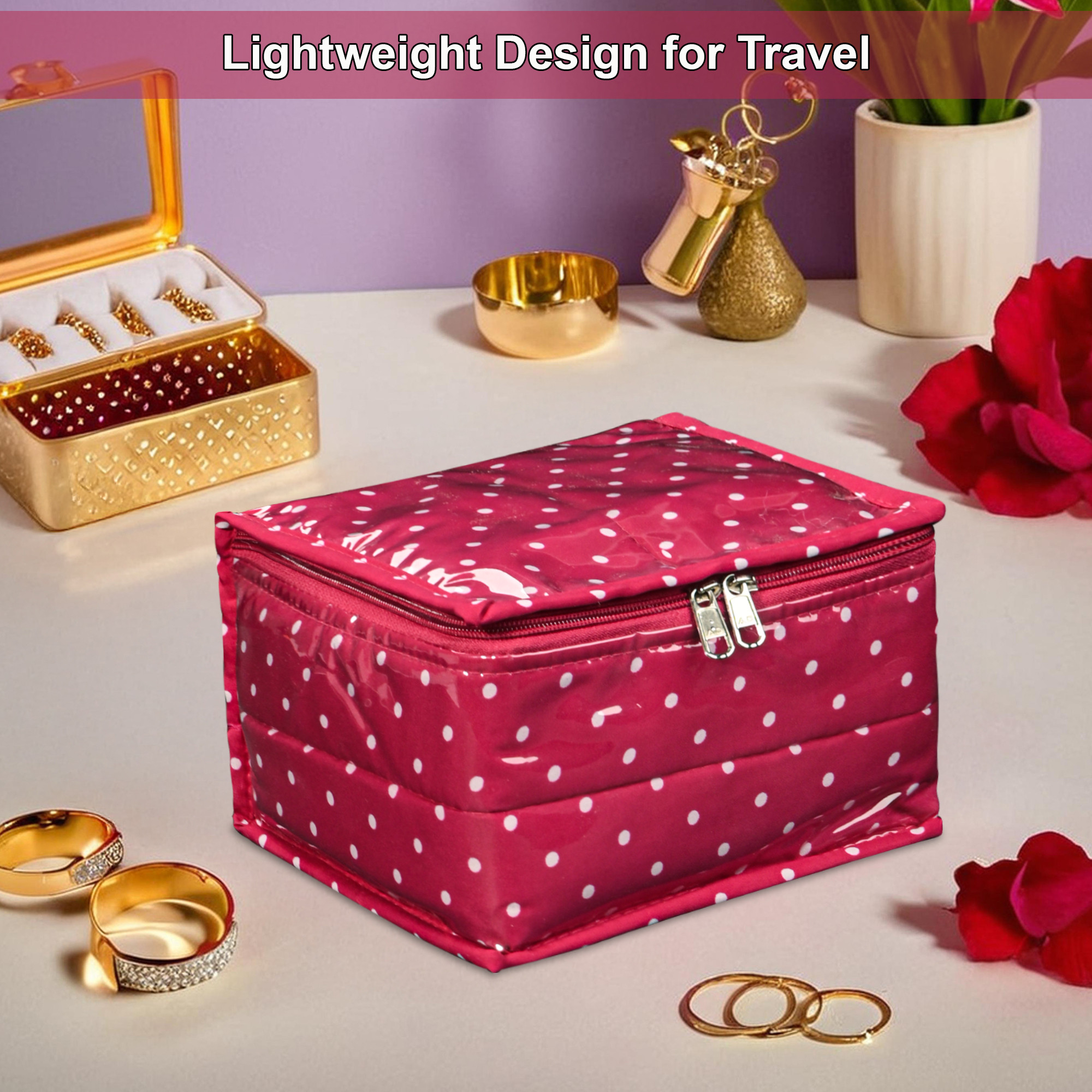 Kuber Industries PVC Laminated Small Jewellery Organisers Pouch for Women with 10 Compartment  Lightweight Jewellery Kit for Necklace  Rings  Dot Print - Pink