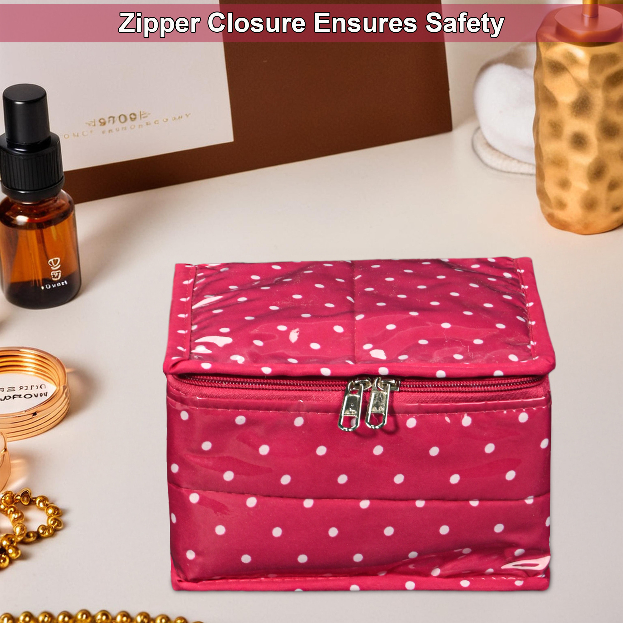 Kuber Industries PVC Laminated Small Jewellery Organisers Pouch for Women with 10 Compartment  Lightweight Jewellery Kit for Necklace  Rings  Dot Print - Pink