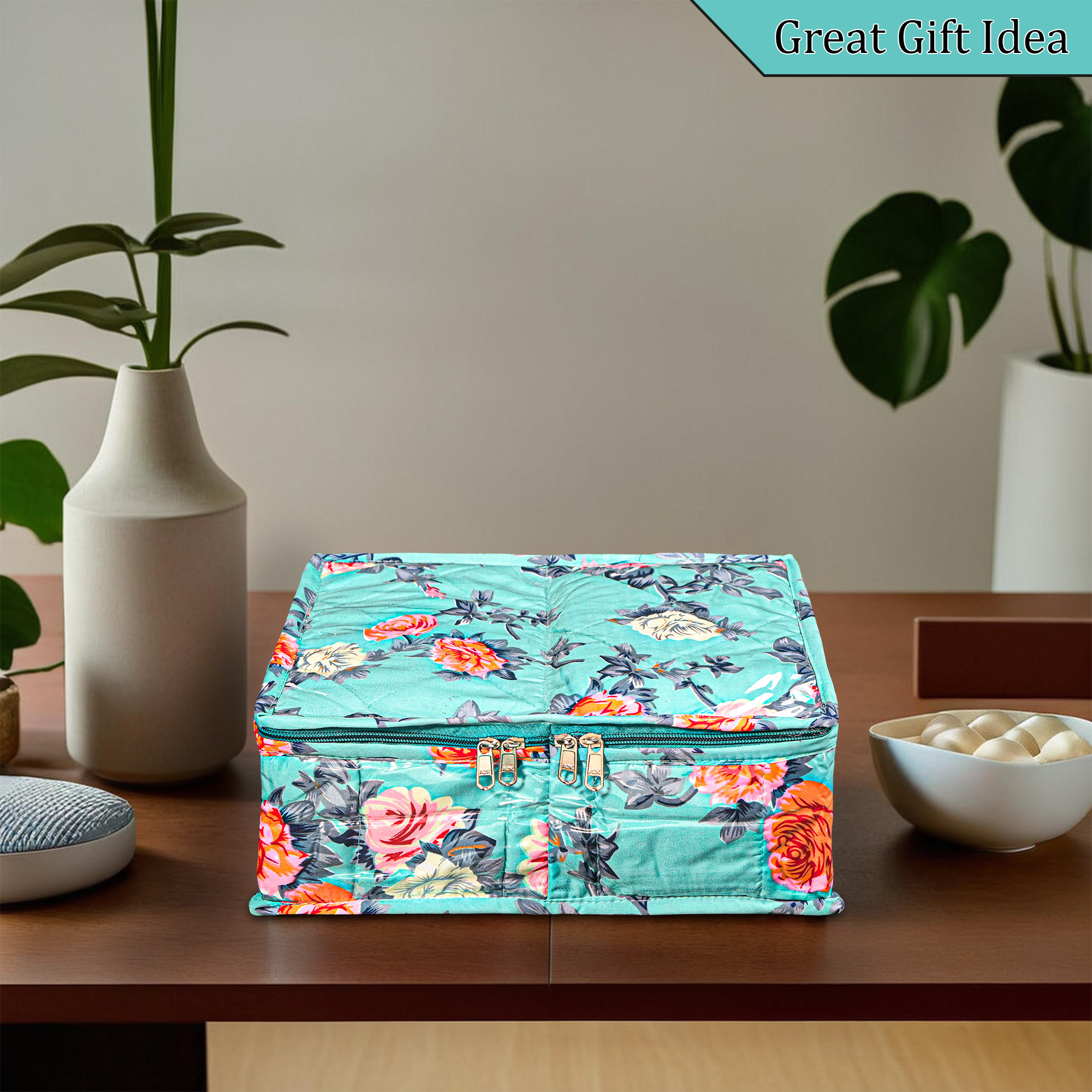 Kuber Industries PVC Laminated Undergarments Organizer Bag with Transparent Window  Two Partitions  Wardrobe Organizer for Storage Socks  Ties  Flower Print - Green