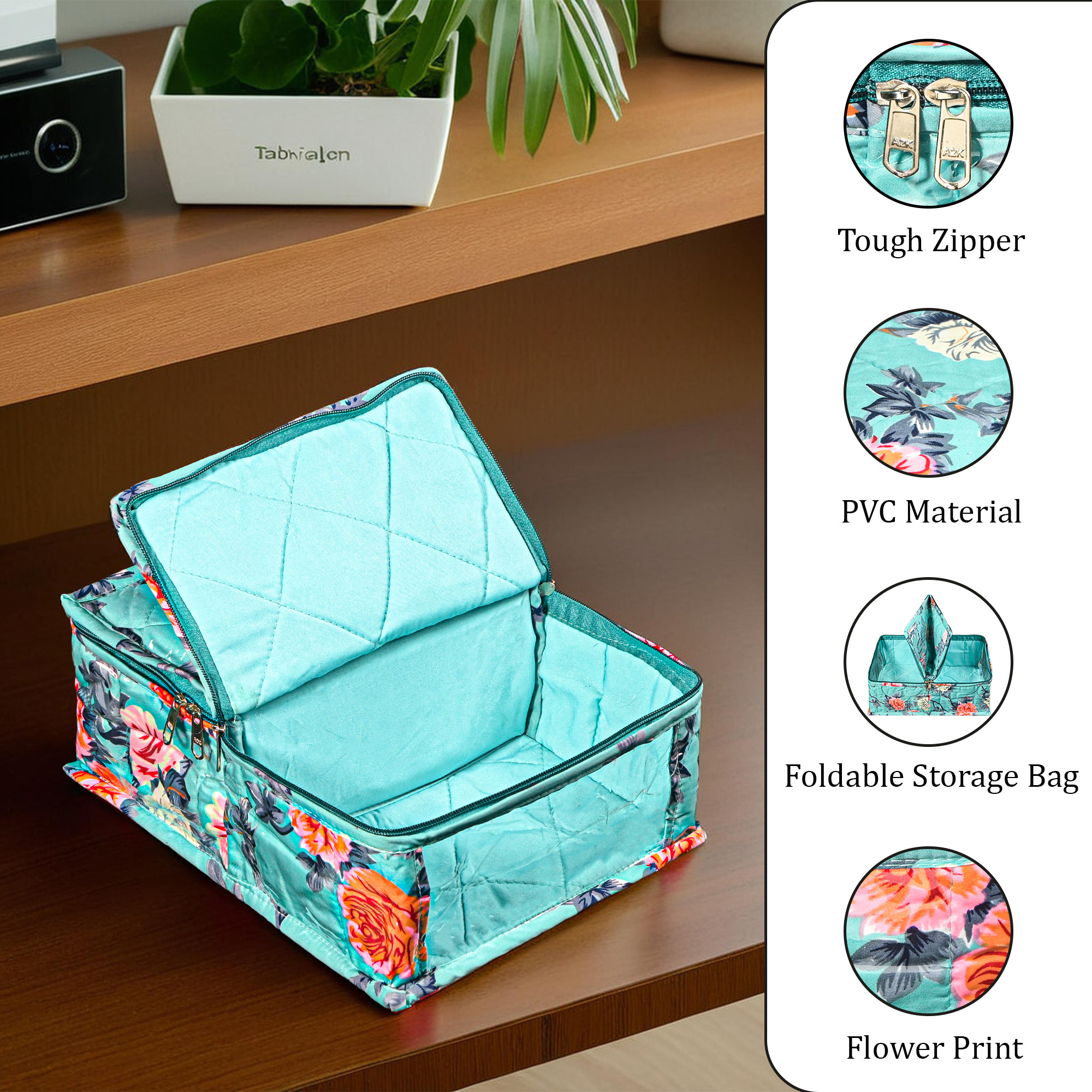 Kuber Industries PVC Laminated Undergarments Organizer Bag with Transparent Window  Two Partitions  Wardrobe Organizer for Storage Socks  Ties  Flower Print - Green