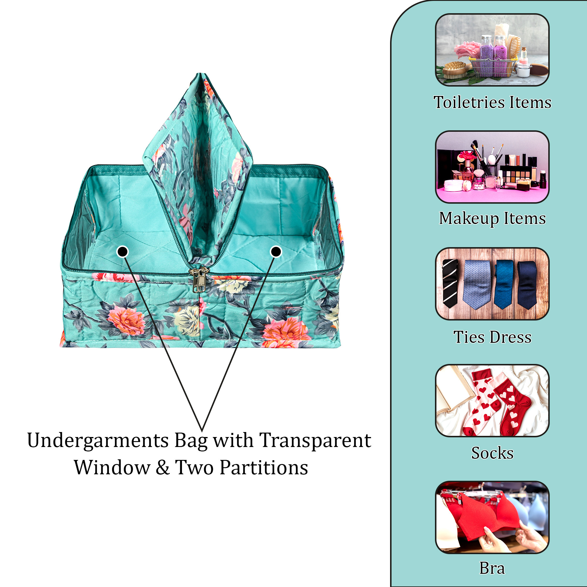 Kuber Industries PVC Laminated Undergarments Organizer Bag with Transparent Window  Two Partitions  Wardrobe Organizer for Storage Socks  Ties  Flower Print - Green