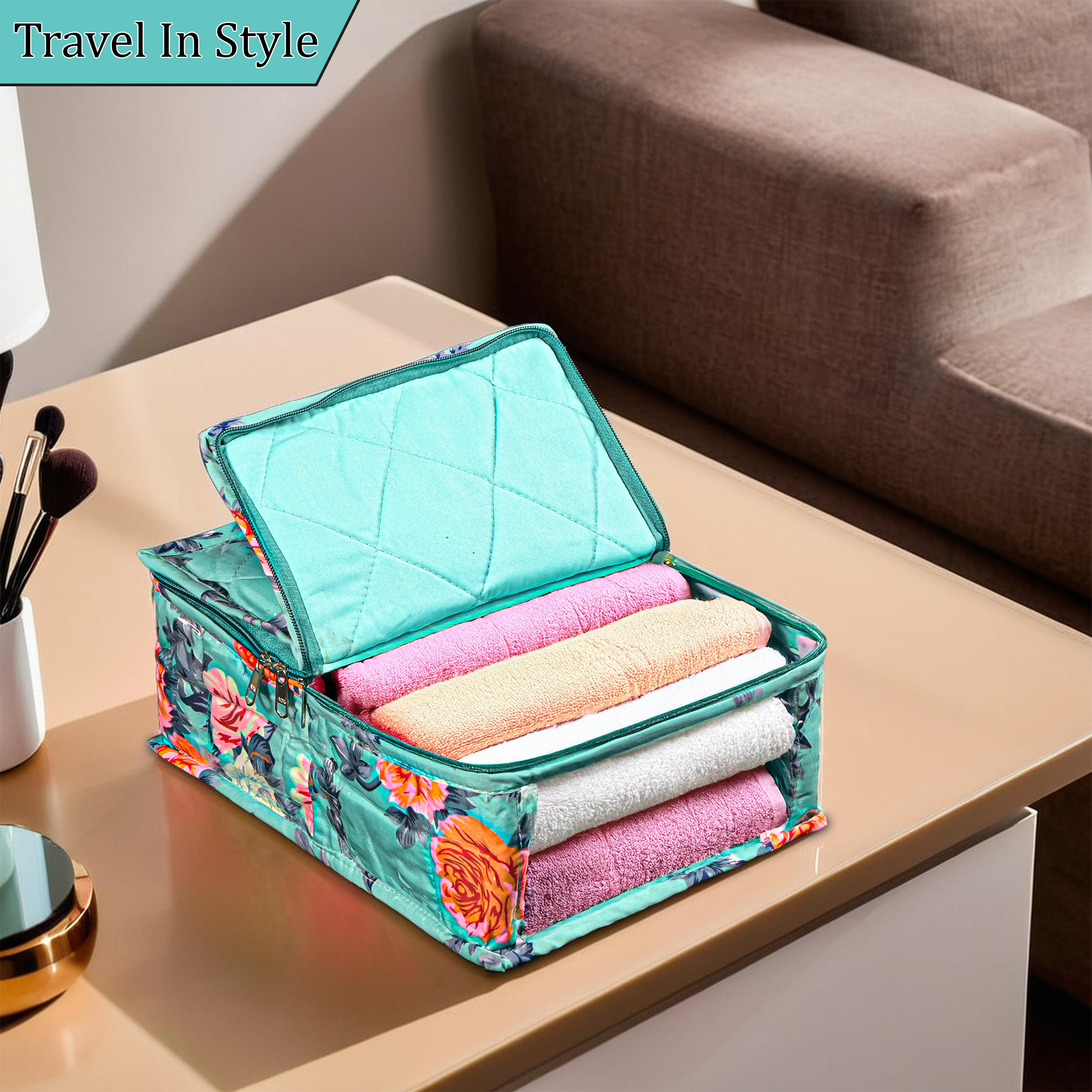 Kuber Industries PVC Laminated Undergarments Organizer Bag with Transparent Window  Two Partitions  Wardrobe Organizer for Storage Socks  Ties  Flower Print - Green