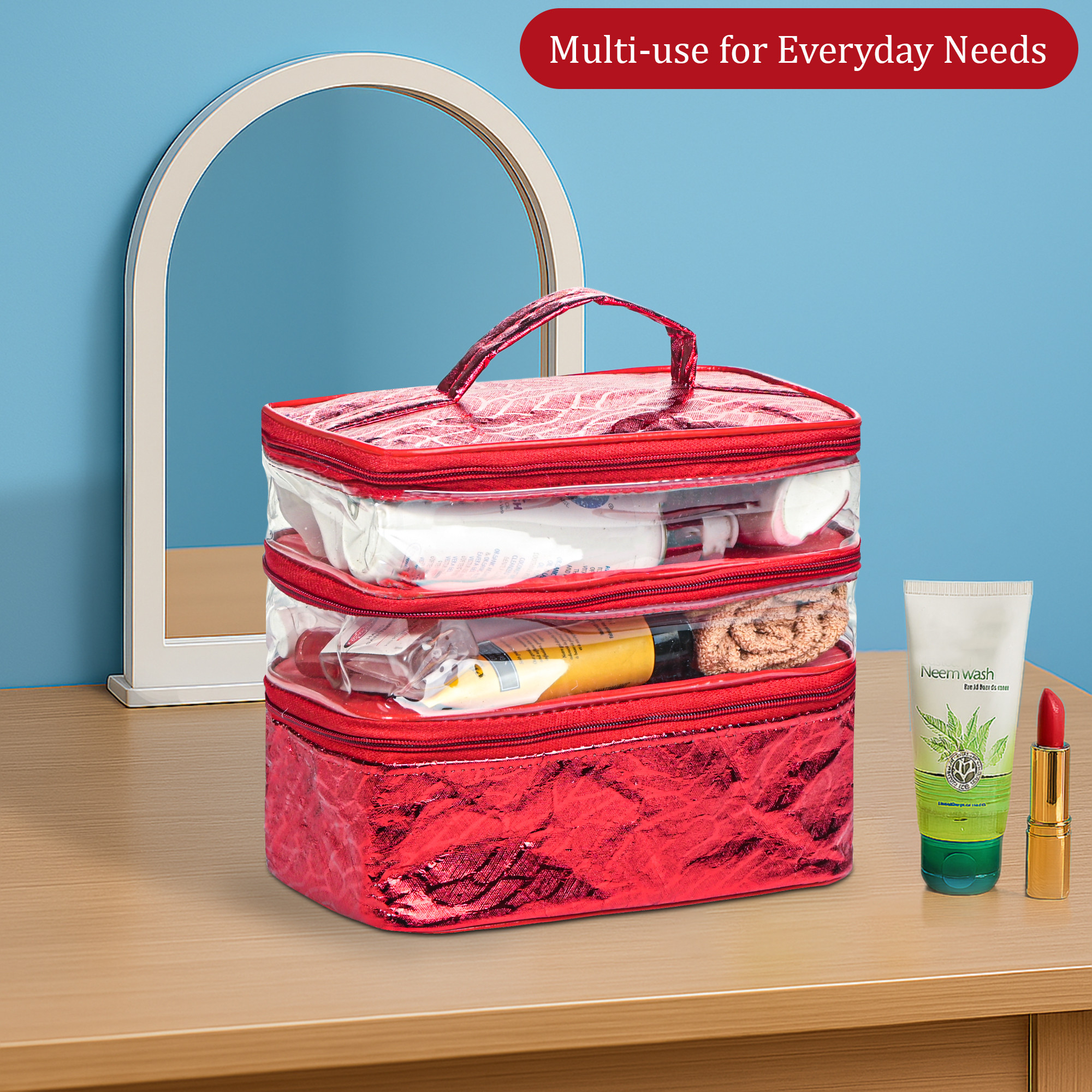 Kuber Industries PVC Makeup Kit for Women with Handle  Multipurpose Beauty Organizer Case  Cosmetic  Toiletry Bag for Storage Brushes Skincare Perfume and Lipsticks  Maroon