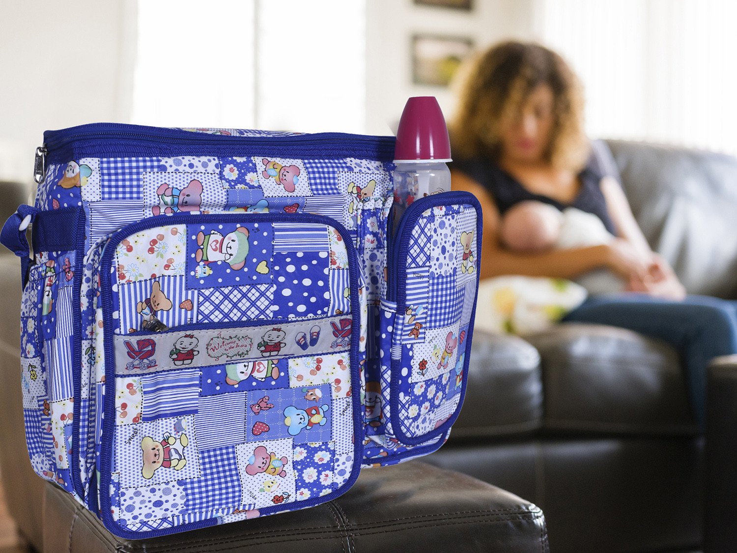 Kuber Industries PVC Multiuses Teddy Cartoon Print Mothers Bag/Diapers Bag With Handle For Traveling, storing (Blue)