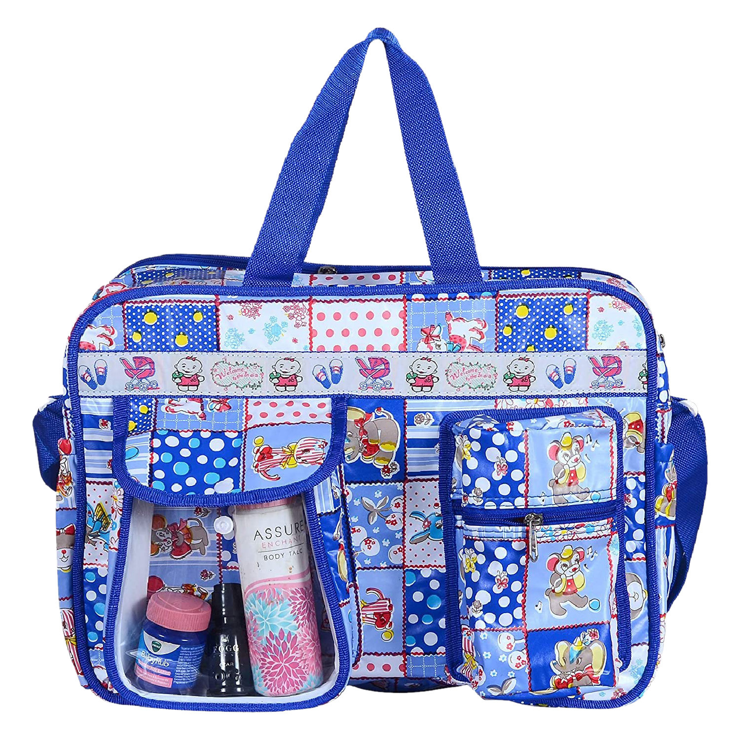Kuber Industries PVC Multiuses Teddy Print Mothers Bag/Diapers Bag With Handle For Traveling, storing (Blue)