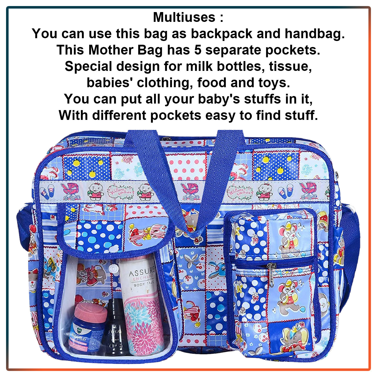 Kuber Industries PVC Multiuses Teddy Print Mothers Bag/Diapers Bag With Handle For Traveling, storing (Blue)