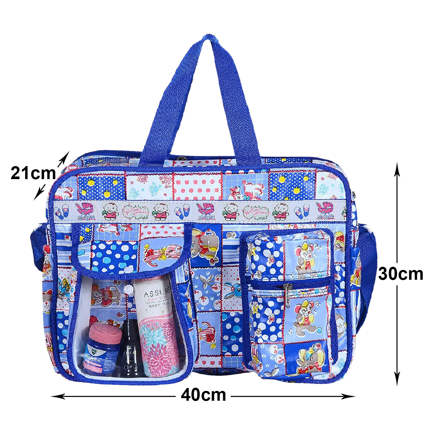 Kuber Industries PVC Multiuses Teddy Print Mothers Bag/Diapers Bag With Handle For Traveling, storing (Blue)