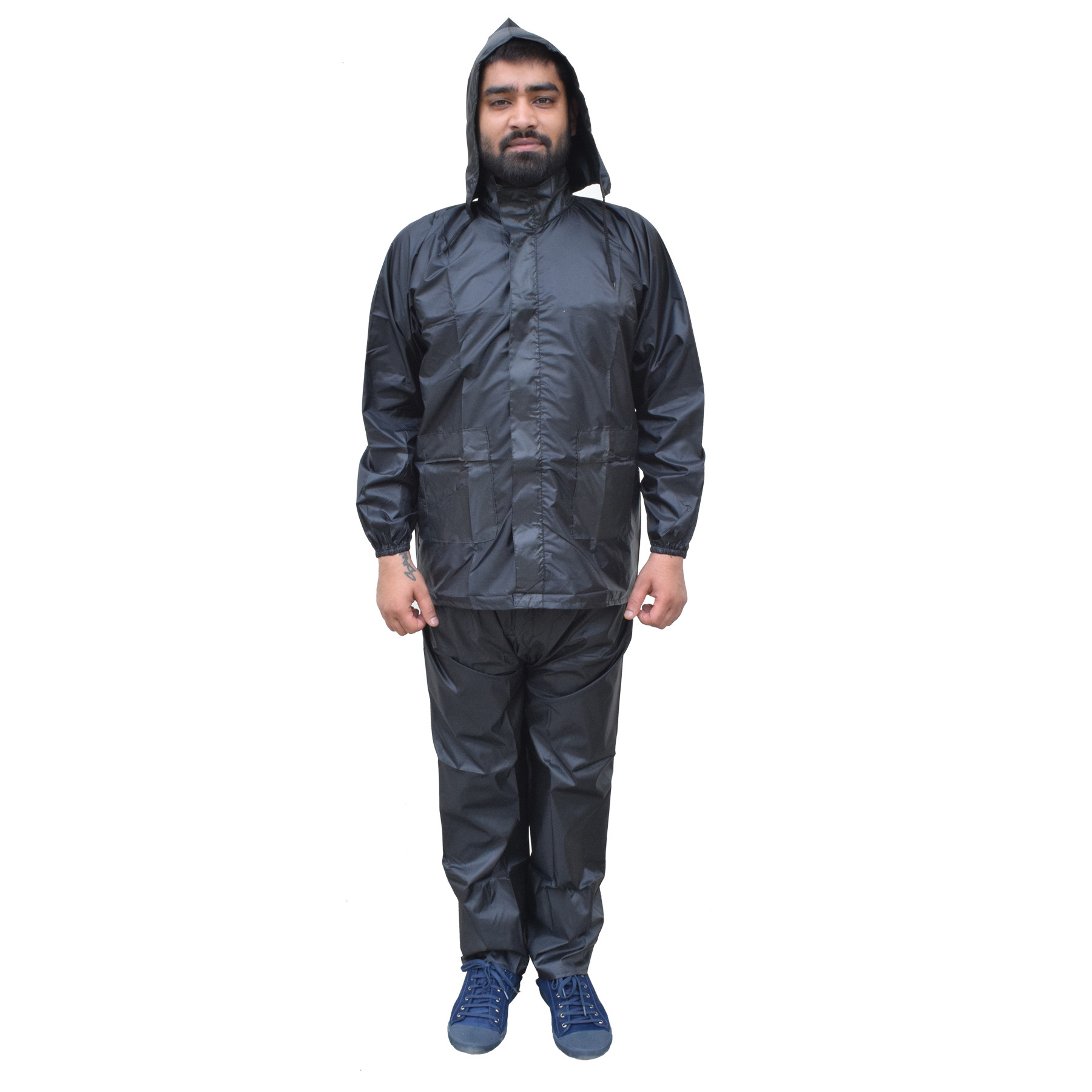 Kuber Industries PVC Raincoat With Adjustable Hood For Men & Women (Black) XL