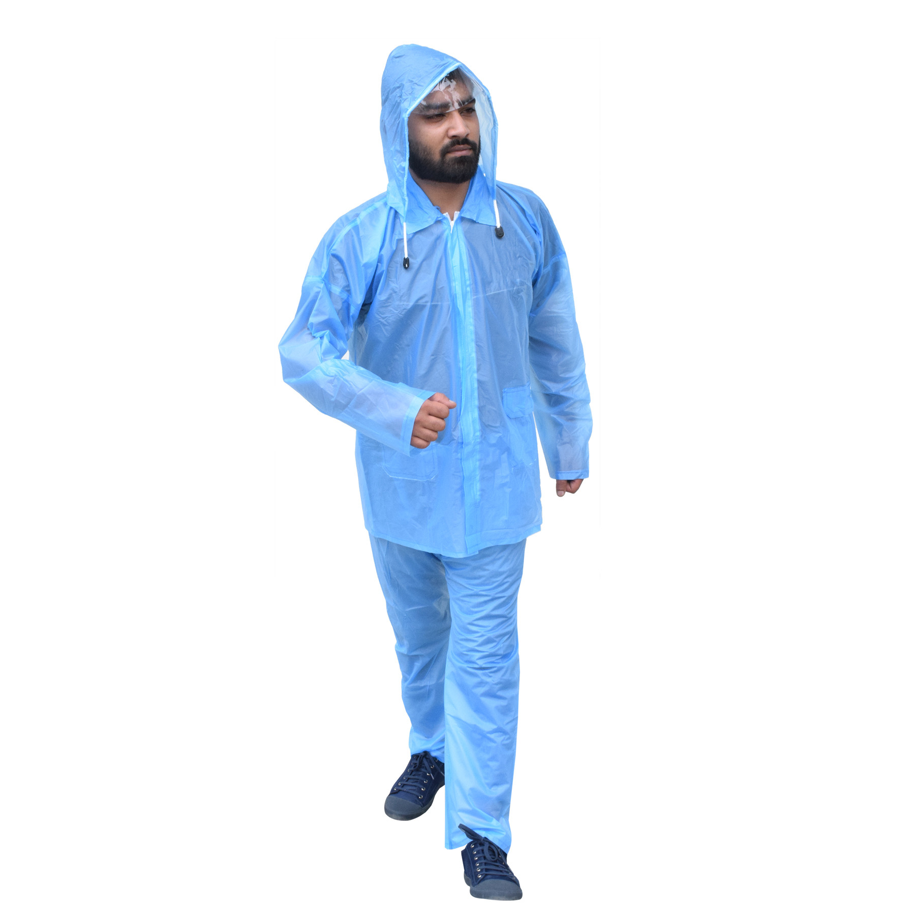 Kuber Industries PVC Raincoat With Adjustable Hood For Men & Women (Blue) XXL