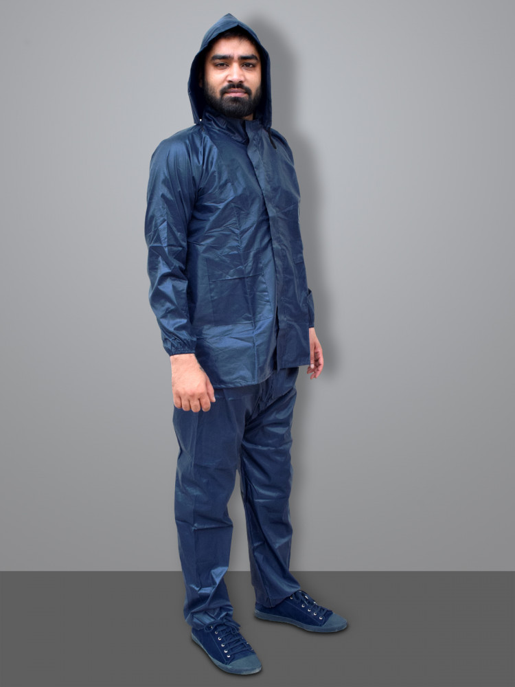Kuber Industries PVC Raincoat With Adjustable Hood For Men &amp; Women (Navy Blue) XL