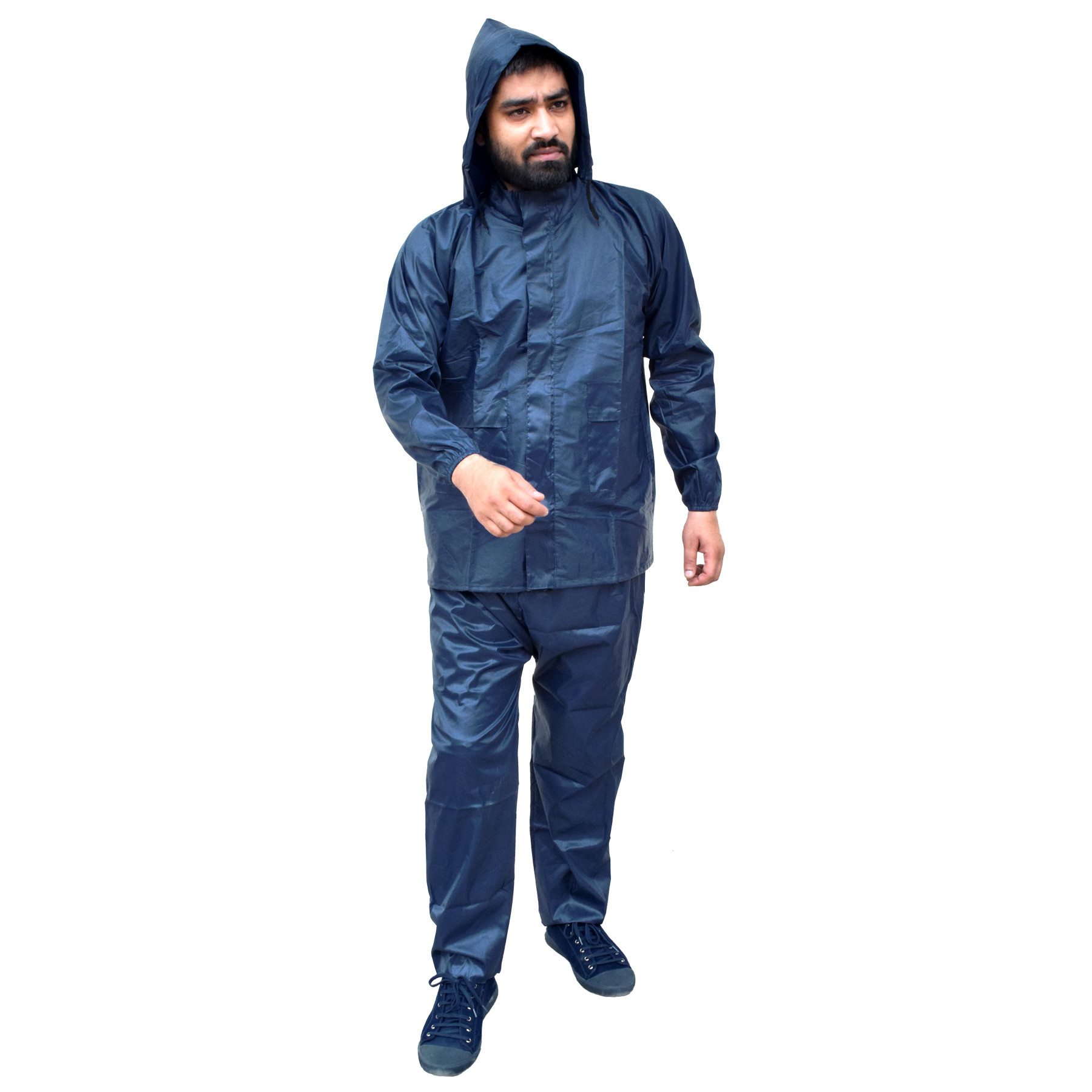 Kuber Industries PVC Raincoat With Adjustable Hood For Men  Women Navy Blue XL