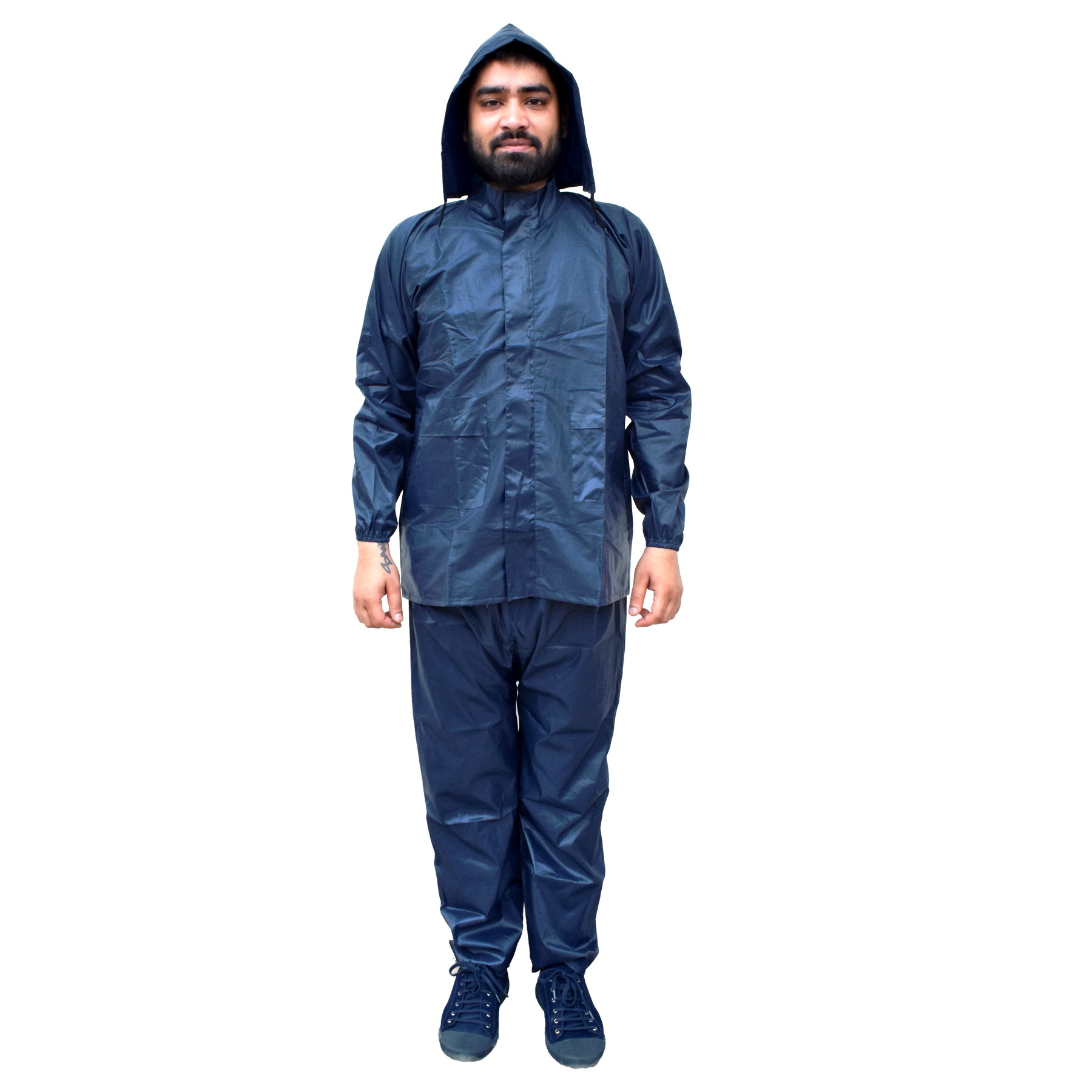 Kuber Industries PVC Raincoat With Adjustable Hood For Men  Women Navy Blue XL